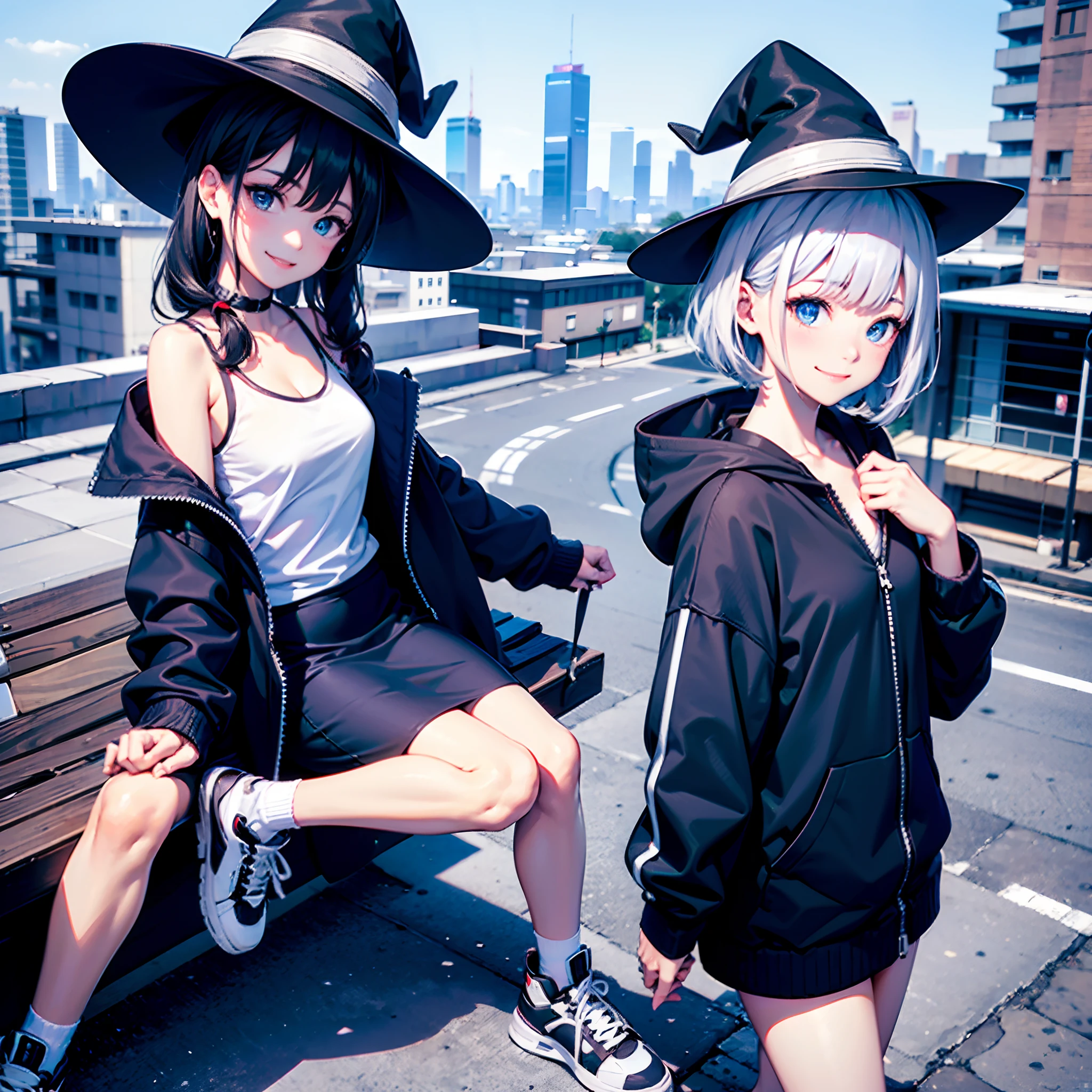 I am on the roof of a building where I can see the night view of Tokyo at midnight、White medium shorthair with blue-purple mesh、Looking at me with a smile、Black sneakers with white shoelaces、Large black witch hat with sapphire accessories、Blue eyes with highlights、Crisp and slightly pinched eyes、27-year-old woman with small breasts、small tits、Small、discreet breasts、Looking at me with a smile、Black long coat、Black Midi Skirt、White inner camisole、white t-shirt、hiquality、High Details
