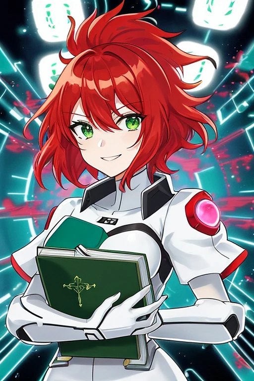 anime style, 2d, anime screencap, 1girl, red hair, medium hair, short hair, futuristic, science-fiction, light smile, white clothes, breasts, green eyes, tech, flower on head, book