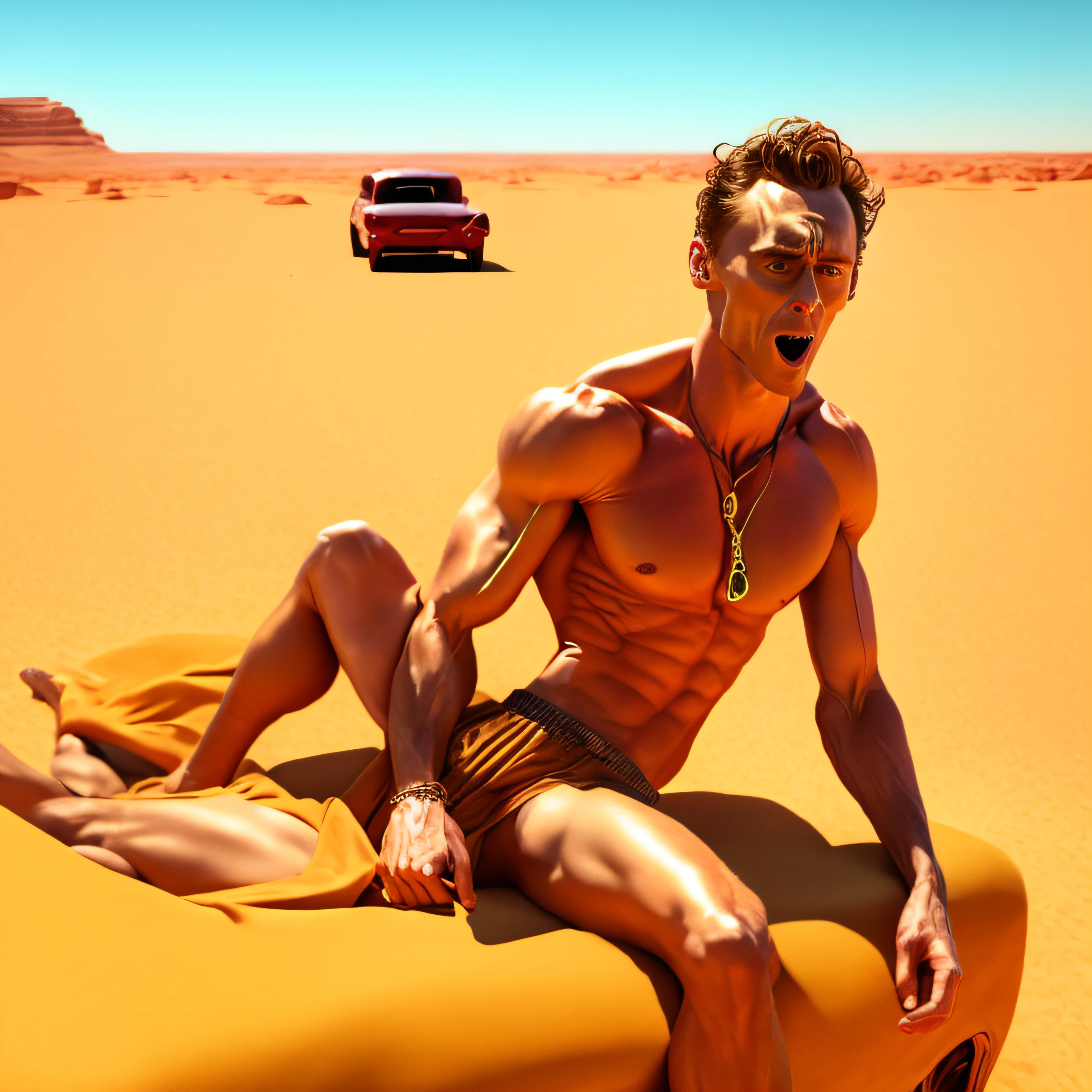 Tom Hiddleston at the backseat of a red convertible car head back exhausted perspiring beige compression shorts hand flexing his arm hand on hiptongue towel through his hair desert on the back ground humid gold pendant. Naked