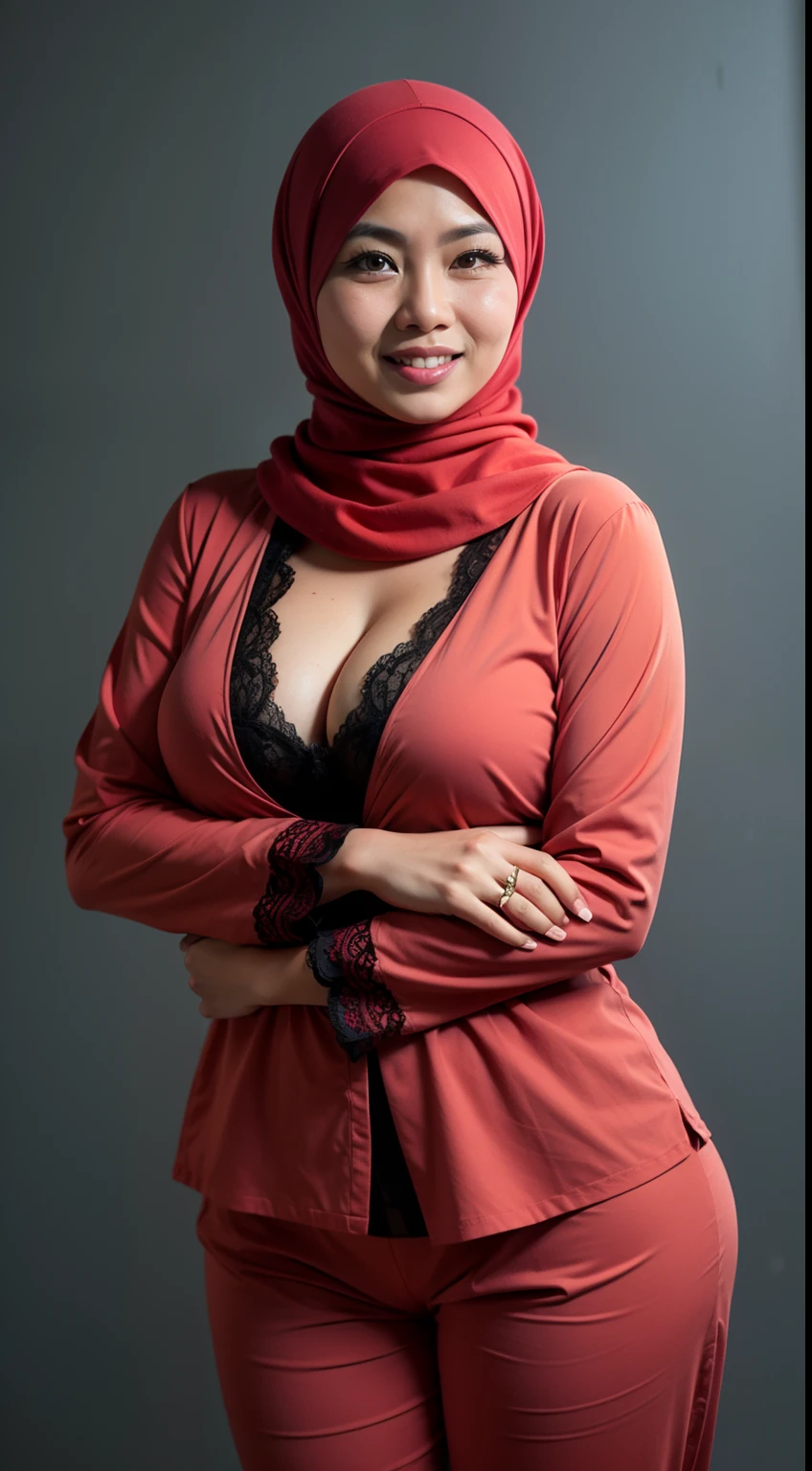 matured malay woman in hijab wearing lace red color pajamas portrait photography, mid shot photo, ultra detail, professional photograph with professional lighting, smile, light blue studio background, sexy seducing pose, curvy