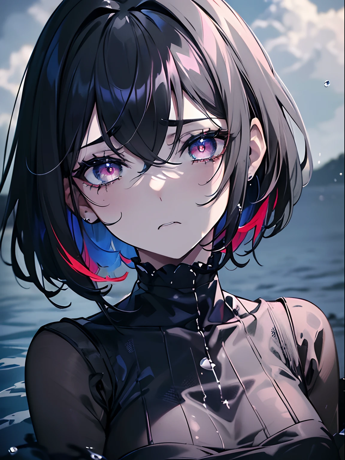 (masterpiece,best quality,ultra-detailed),1girl, black hair,beautiful and detailed face, detailed eyes,looking at viewer, multicolored eyes,((grey theme),((depression, sadness, melancholy)),tired expression,sad,swollen eyelids,in the sea,((night)),dark ambient
