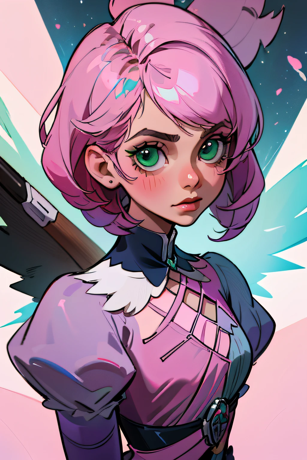 Alisa bosconovitch androide de origem russa, iris dos olhos cintilantes verdes, melhor qualidade, contemporary, estilo plano, minimalismo, Green Eyes Flat Illustration, cabelo rosa, cabelo curto, cabelos multicoloridos, Camisa Preta, mechanical wings, Head Portrait Close-U, peito pontudo, decote, super decote, middlebreasts, Tekken, cabelo rosa pastel, 1girl, em quimono, hand-painted, Desenho de linha sem cor, colorida do yandere pastel, Tekken, Super cute pink hair girl with gothic makeup on the side, figura esbelta, robusto, He sat on the floor, cabelos muito curtos, com orelhas de gato, quadratic element, kawaii cor-de-rosa na roupa da era de 1910, Alisa Bosconovich pink lips, no estilo da paleta de cores suave aurorapunk, an anime illustration of his face, gifs animados, hand drawn animation, charming sketches, suave e brilhante, romantismo nebuloso, Estilo Superflat, perspective, close-up, rotated, from side, from above, cut-in, atmospheric perspective