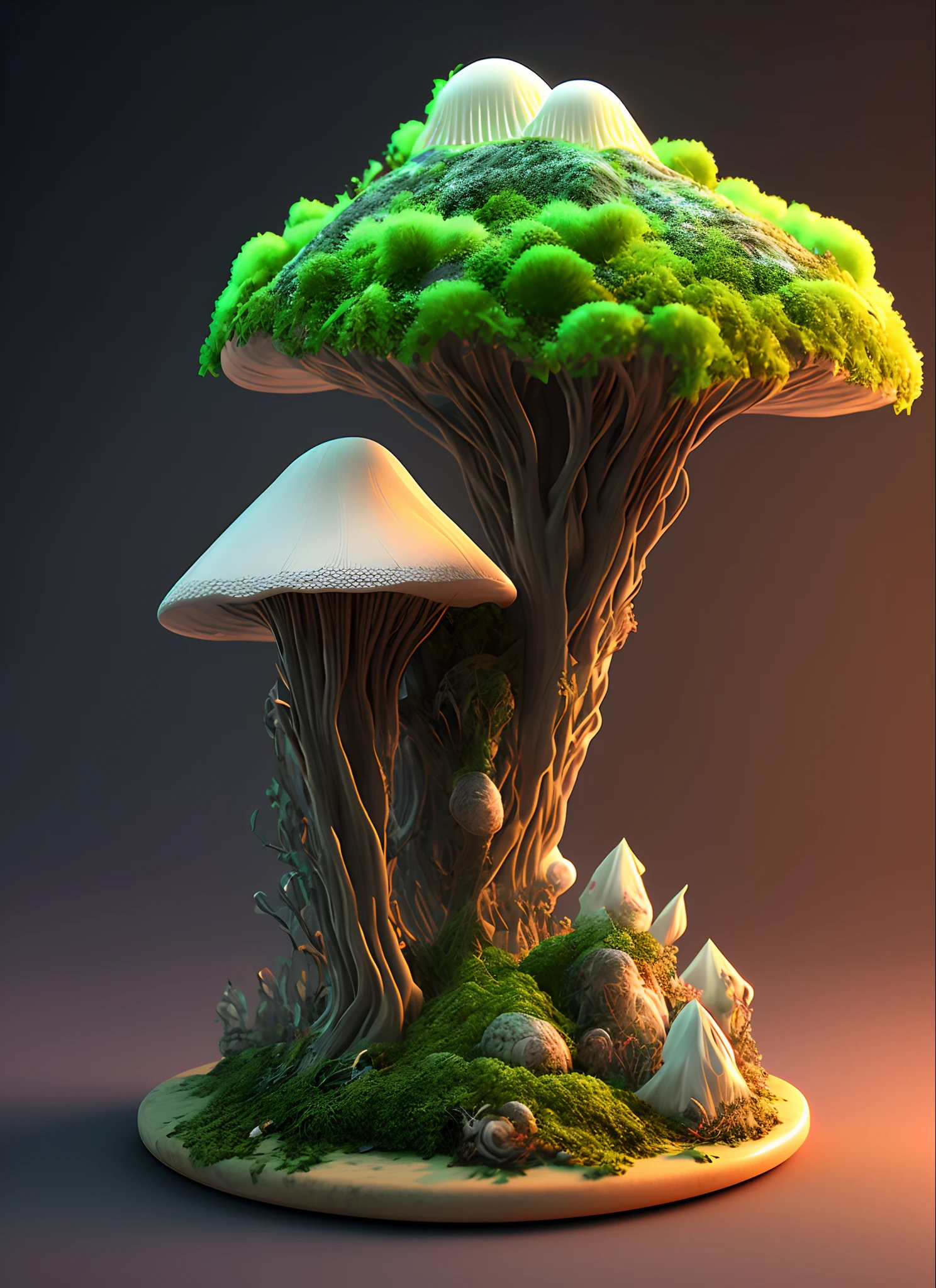 [green|dark|white] brain mountain 3d render realistic, glowing mycelium network, giant green mushroom, glowing portal, neon crystals, octane render, diorama, 8k, dark stary sky