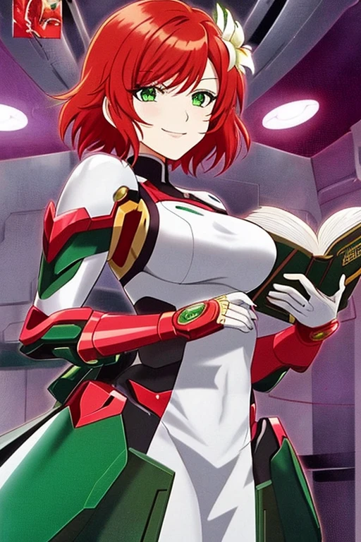 anime style, 2d, anime screencap, 1girl, red hair, medium hair, short hair, futuristic, science-fiction, light smile, white clothes, breasts, green eyes, tech, flower ornament, book, happy