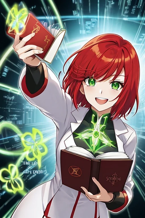 anime style, 2d, anime screencap, 1girl, red hair, medium hair, short hair, futuristic, science-fiction, light smile, white clothes, breasts, green eyes, tech, flower ornament, book, happy