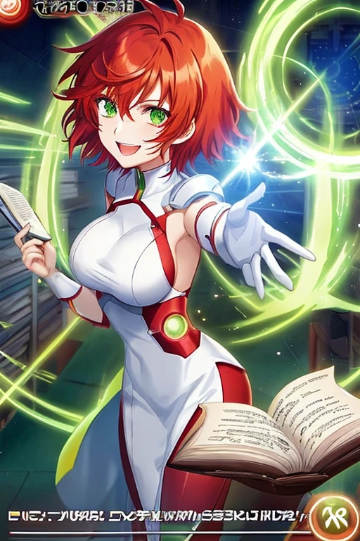 anime style, 2d, anime screencap, 1girl, red hair, medium hair, short hair, futuristic, science-fiction, light smile, white clothes, breasts, green eyes, tech, flower ornament, book, happy
