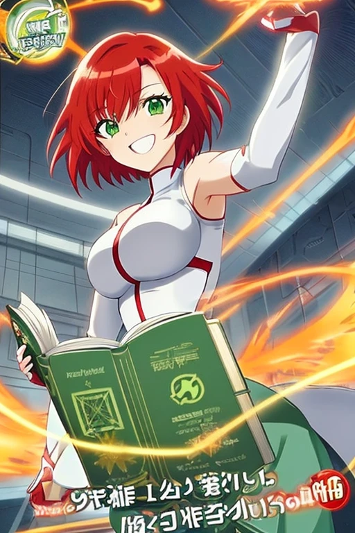 anime style, 2d, anime screencap, 1girl, red hair, medium hair, short hair, futuristic, science-fiction, light smile, white clothes, breasts, green eyes, tech, flower ornament, book, happy