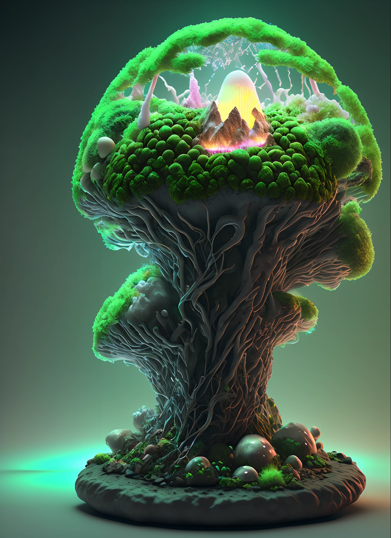 [green|dark|white] brain mountain 3d render realistic, glowing mycelium network, giant green mushroom, glowing portal, neon crystals, octane render, diorama, 8k, dark stary sky