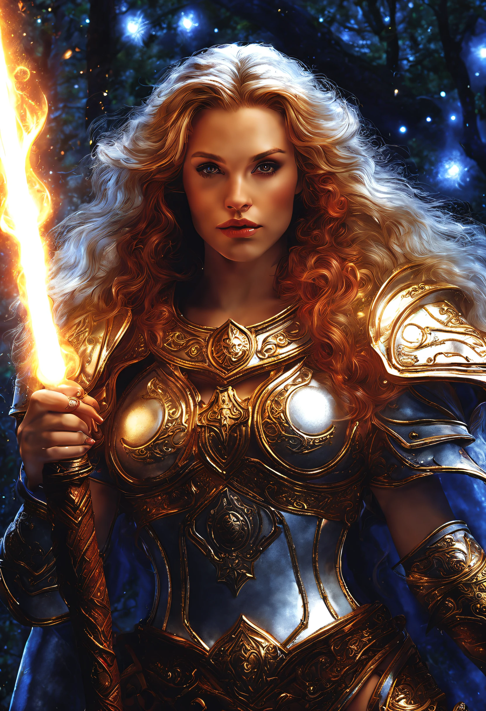 magv1ll high details, best quality, 16k, absurdres [ultra detailed], masterpiece, best quality, (extremely detailed), dynamic angle, ultra wide shot, photorealistic, ((fantasy art)) ((larry elmore style)), dnd art, rpg art, realistic art, female human druid of the stars, guardian of nature, controlling magical energy made of stars, swirling blue stary magical light, divine symbols (1.5 intricate details, Masterpiece, best quality, absurdres), human female,  extremally beautiful, ultra feminine, dynamic hair, dynamic hair color, wearing leather armor, holding a staff, moon light, stars, dynamic natural background,  RPG art, magical atmosphere magic-fantasy-forest, ultra best realistic, best details, best quality, absurdres, 16k, [ultra detailed], masterpiece, best quality, (extremely detailed), ultra wide shot, photorealism, depth of field, hyper realistic painting, 3D rendering