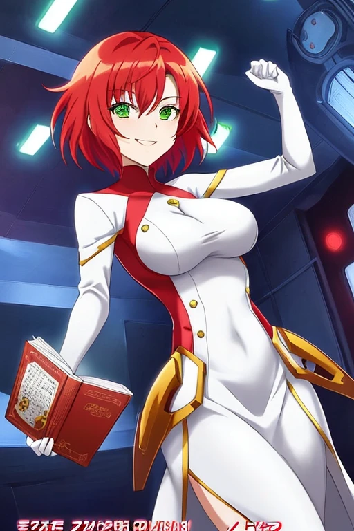 anime style, 2d, anime screencap, 1girl, red hair, medium hair, short hair, futuristic, science-fiction, light smile, white clothes, ???????, green eyes, tech, flower ornament, book, happy