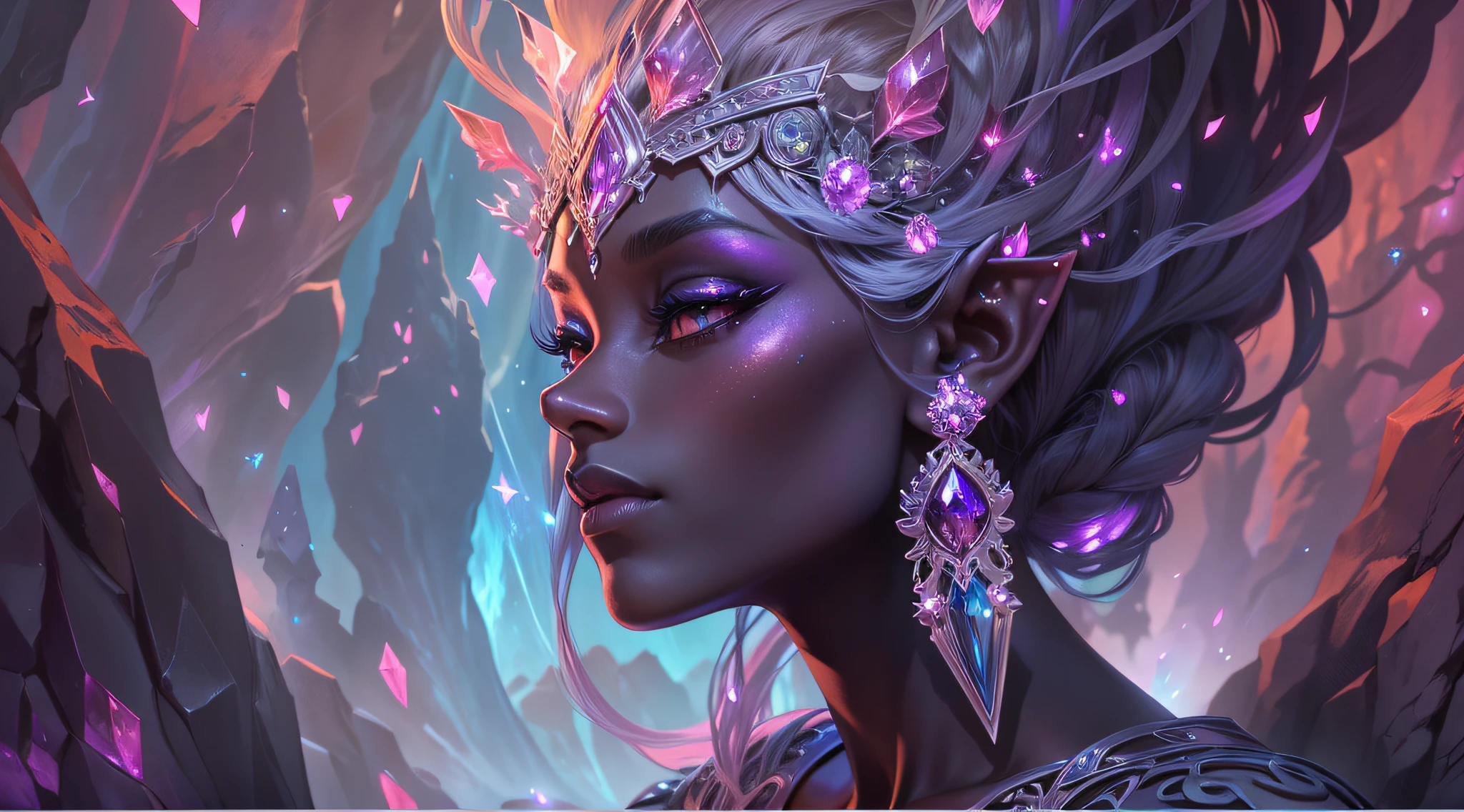desktop, Drow Dark Elf, Outlandish Minerals, intricate hairstyle, Elven ears, dark gray skin , Around Big Rock Crystal Drusen Amethyst Druses, Mineral dispersion, elegantly, Masterpiece, Alphonse Mucha's style, Art Nouveau+ghotic, Doubleexposure, The red background predominates, glares, crystals, Glowy skin, Glitter, Sparkling eyes, long eyelashes, big puffy lips, pronounced skin texture, blushful, eye make up, Gloomy lighting, Inspired by the musical composition of the Cave of the Mountain King