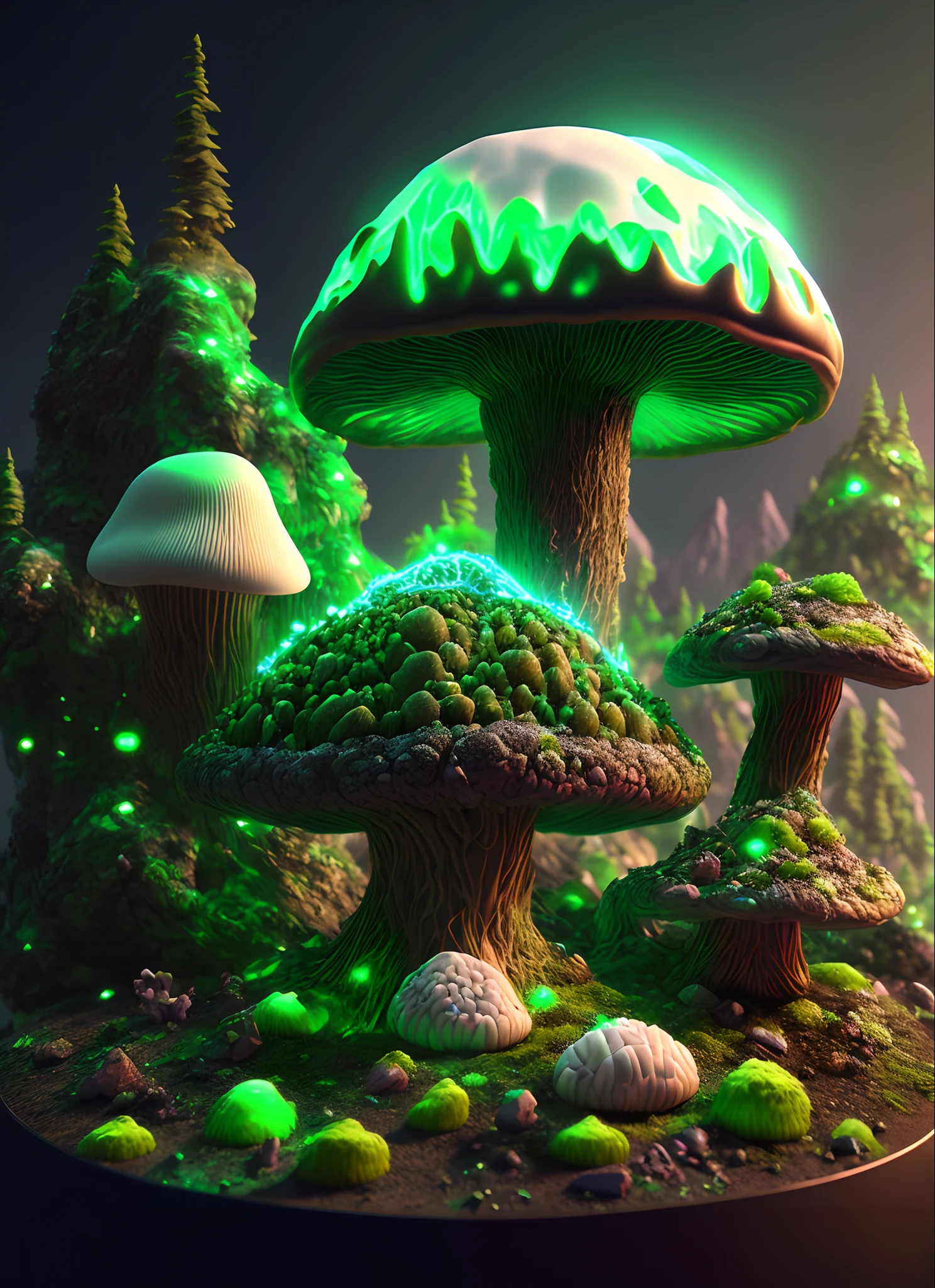 [green|dark|white] brain mountain 3d render realistic, glowing mycelium network, giant green mushroom, glowing portal, neon crystals, octane render, diorama, 8k, dark stary sky