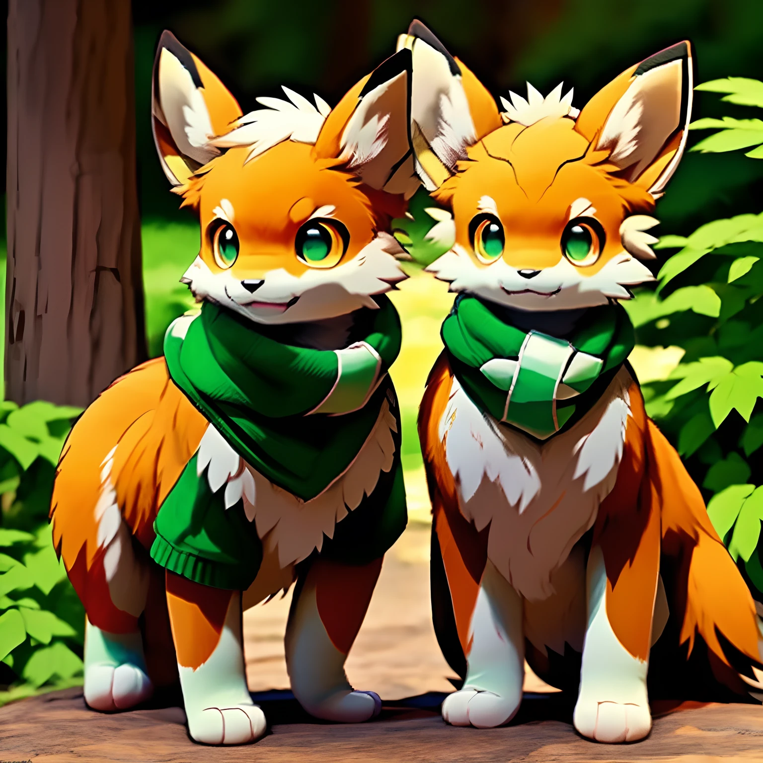 A Pokemon, Eevee, wearing matching green leg andd arm warmers. Green nose. Cute fox-like look. Female and showing tail hole.