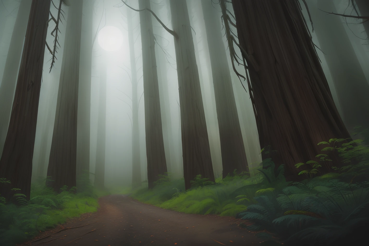 Dark foggy redwood forest background at night