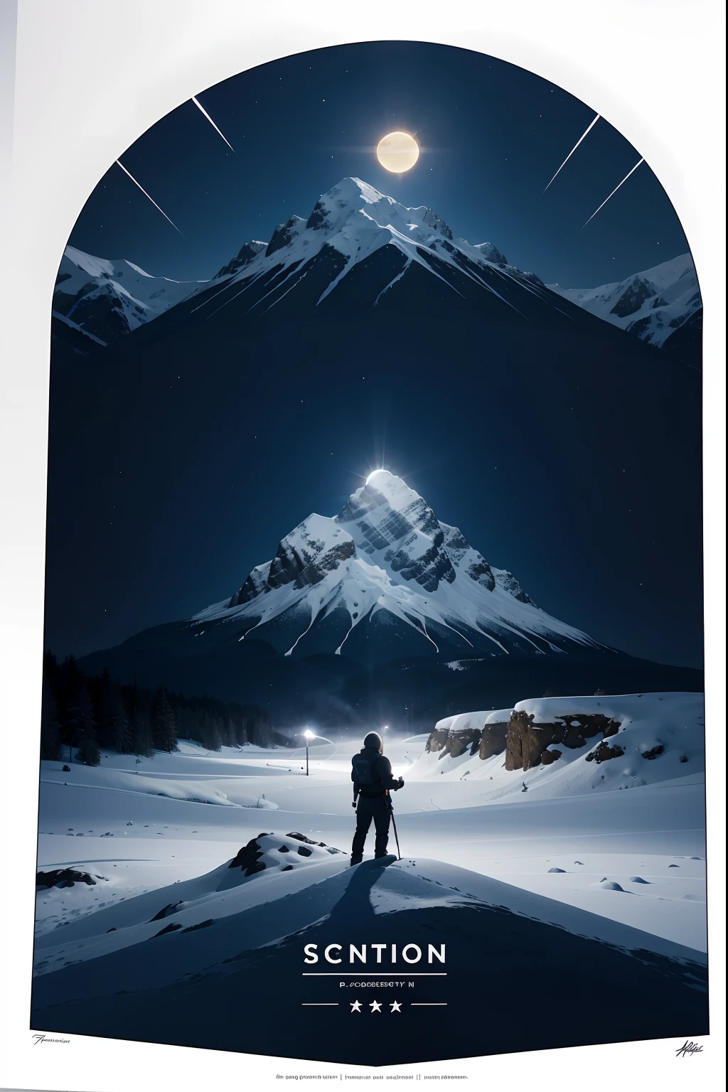 Print-ready vector T-shirt design, An adventure's scene, Trends and torches, The background is beautiful night sun and mountains, Clean white background, Professional vector, Full shot, 8K resolution, Impressive illustration