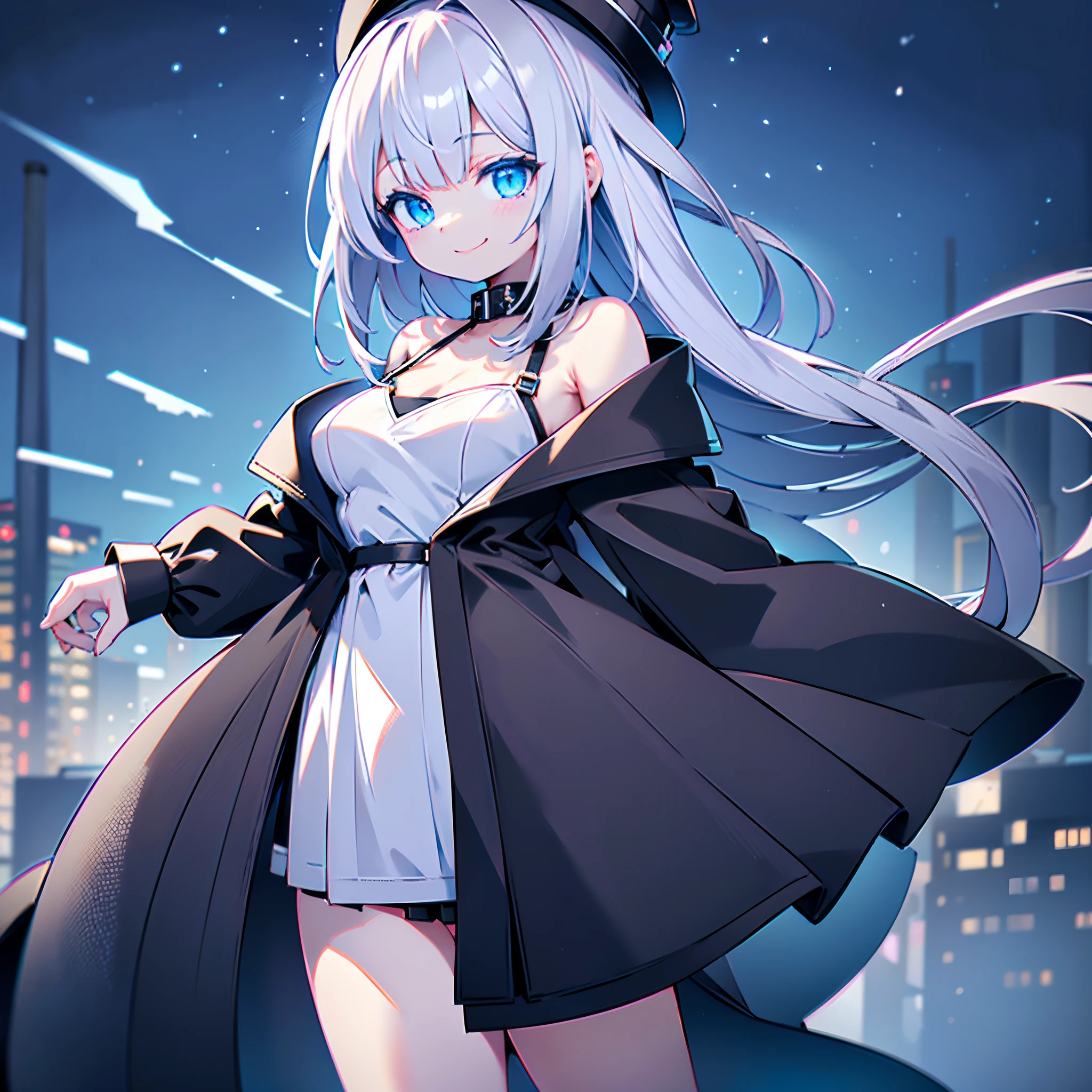 I am on the roof of a building where I can see the night view of Tokyo at midnight、White medium shorthair with blue-purple mesh、Looking at me with a smile、Black sneakers with white shoelaces、Large black witch hat with sapphire accessories、Blue eyes with highlights、Crisp and slightly pinched eyes、27-year-old woman with small breasts、small tits、Small、discreet breasts、Looking at me with a smile、Black long coat、Black Midi Skirt、White inner camisole、white t-shirt、hiquality、High Details