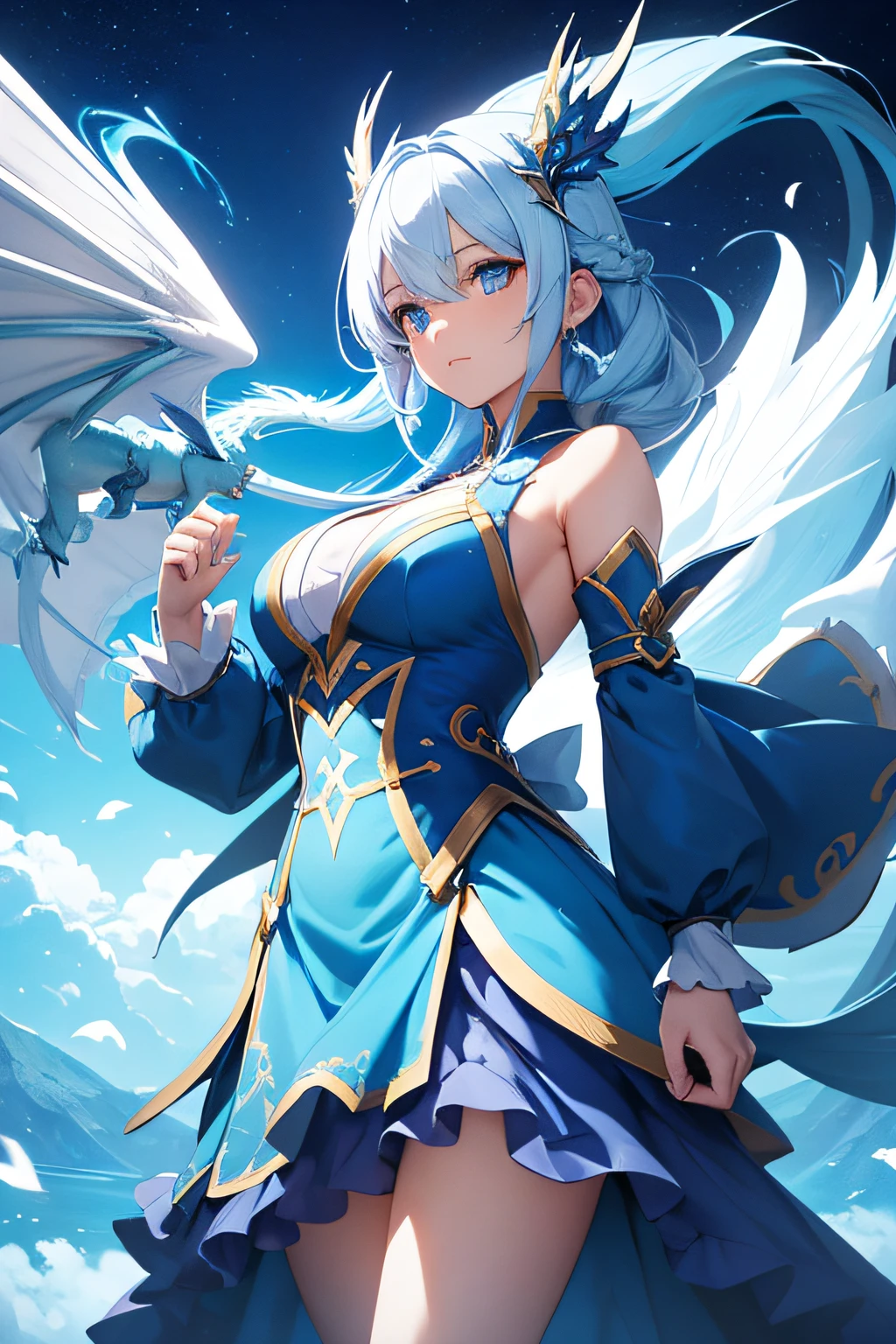 a girl with blue dress and white hair in dragon hunter style, floating in the air together with a large blue dragon, in HD, beautiful and with a powerful aura, 4k