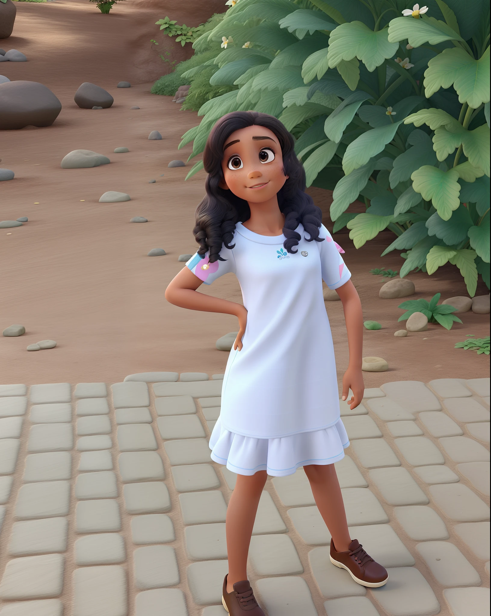 8 year old child , pele morena , cabelos encaracolados, olhos pretos, vestido branco , cenario bosque de flores , estilo mundo pixar  Disney, alta qualidade 3D 4k