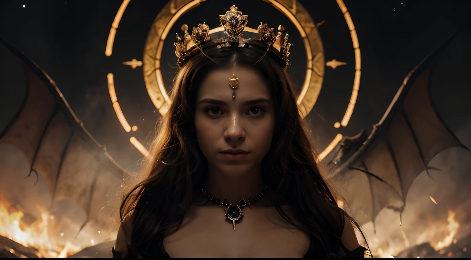 Create a visually impactful image that represents the epic struggle between the forces of good and evil in Revelation 12. Use symbolic images, como uma mulher vestida de sol, A child with a crown of stars and a seven-headed dragon. Utilize cores vibrantes e elementos visuais que expressem a profundidade espiritual da narrativa. Be sure to include the title "Apocalipse 12" prominently and legibly