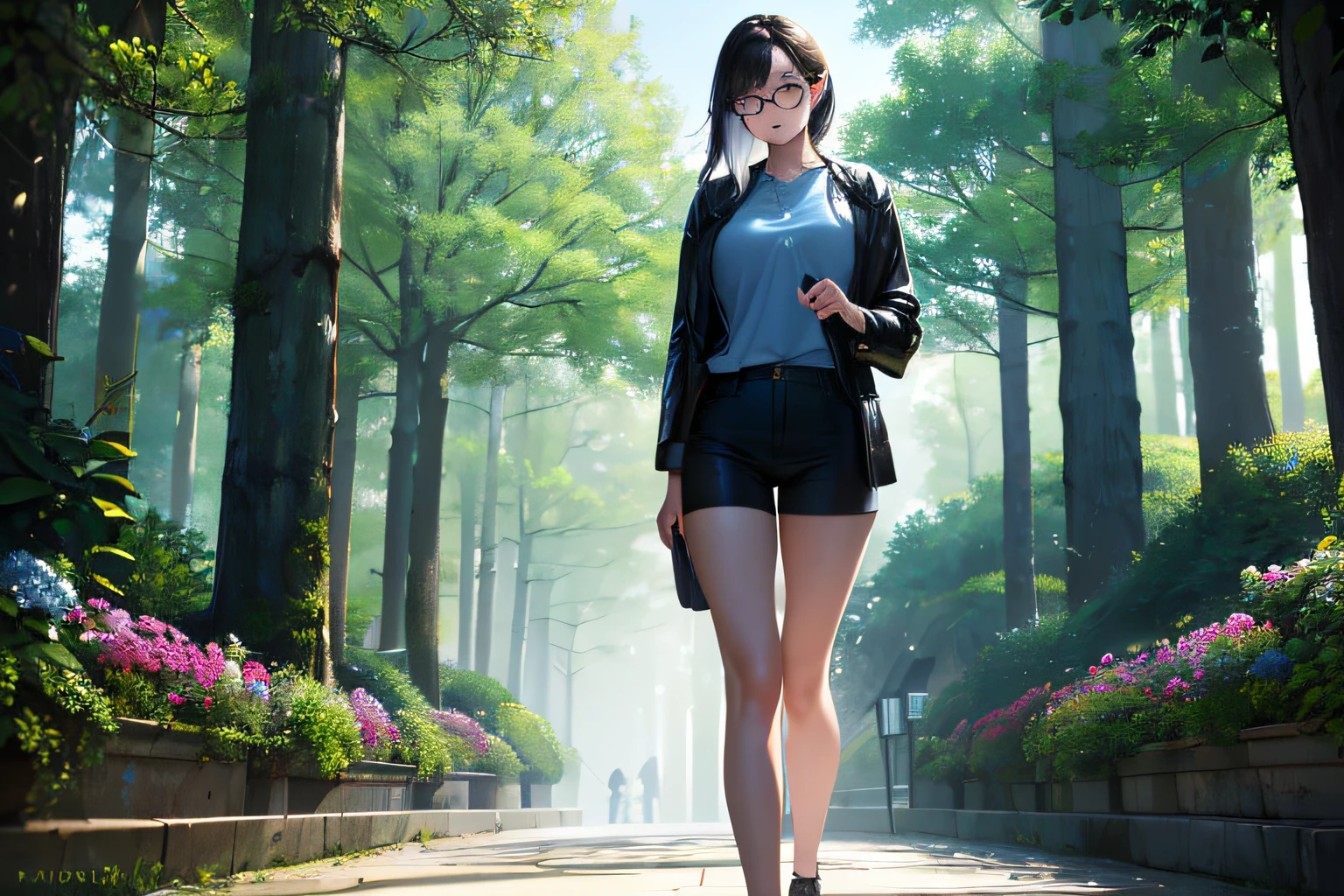 (best quality,4k,8k,highres,masterpiece:1.2),ultra-detailed,(realistic,photorealistic,photo-realistic:1.37),(HDR:1.1),medium:oil painting,girl,slight tilt in eyes and round glasses,smooth hair with blue highlights,slightly short and thin,strolling in a square with trees and flowers,scrolling on a cellphone,peaceful atmosphere,colorful flowers,green foliage,gentle sunlight,relaxing afternoon,serene surroundings,vivid colors,round glasses reflecting light,subtle blue highlights in the hair,neutral expression,blurred background,soft breeze,sparkling eyes,sleek hairstyle,engrossed in the cellphone,calm demeanor,tranquil ambiance
