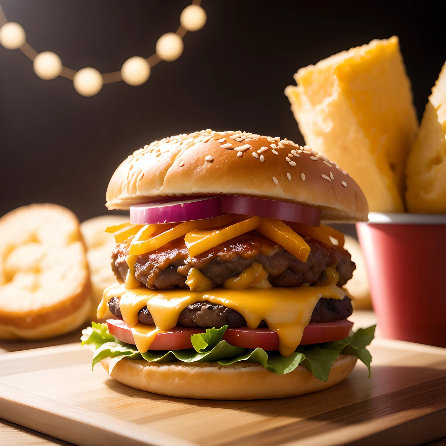 Una deliciosa hamburguesa sola con queso cheddar y panceta crispy en pan brioche con side papas fritas , kinematics, Fotografia Profesional, Studio lighting, Antecedentes del estudio, advertising photography, Detalles intrincados, hiperdetallado, ultra realista, 8k UHD