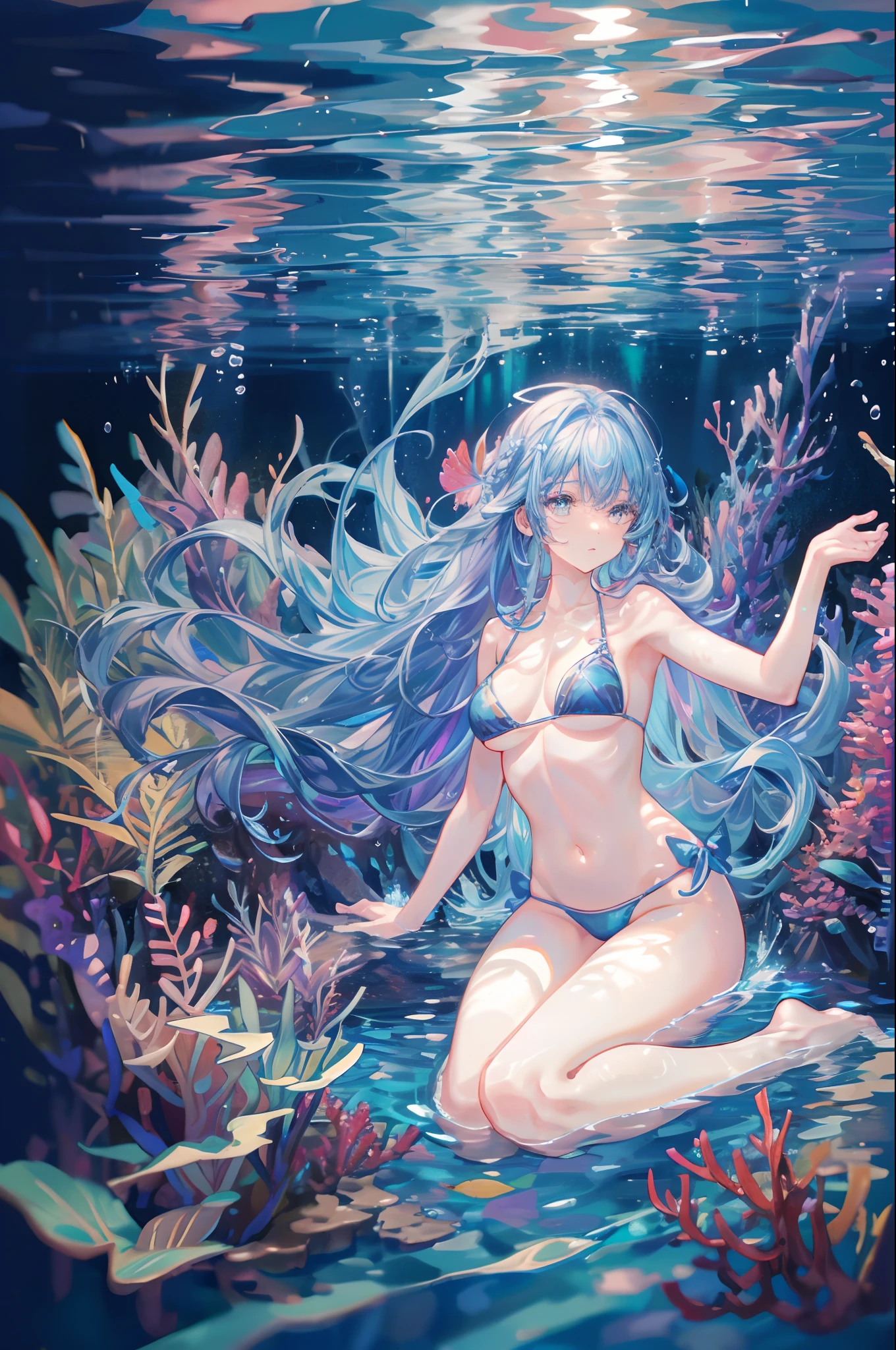 (masuter piece、top-quality、8K,、detailed faces and eyes、Fantastical)、Full body、one girls、undersea environment、soft sunlight、Colorful tropical fish、Big sea turtle、underwater scene、underwater environment、deep underwater scene、underwater ocean、underwater landscape、ocean floor, underwater landscape、underwater background、Light in the water、under water scenery、reefs、coral sea bottom、reefs、Swimming、(gradation hair:1.5)、Wearing a bikini swimsuit、