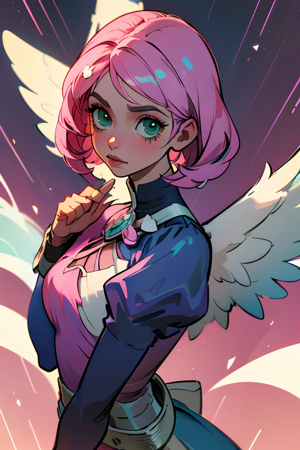Alisa bosconovitch androide de origem russa, iris dos olhos cintilantes verdes, melhor qualidade, contemporary, estilo plano, minimalismo, Green Eyes Flat Illustration, cabelo rosa, cabelo curto, cabelos multicoloridos, Camisa Preta, mechanical wings, Head Portrait Close-U, peito pontudo, decote, super decote, middlebreasts, Tekken, cabelo rosa pastel, 1girl, em quimono, hand-painted, Desenho de linha sem cor, colorida do yandere pastel, Tekken, Super cute pink hair girl with gothic makeup on the side, figura esbelta, robusto, He sat on the floor, cabelos muito curtos, com orelhas de gato, quadratic element, kawaii cor-de-rosa na roupa da era de 1910, Alisa Bosconovich pink lips, no estilo da paleta de cores suave aurorapunk, an anime illustration of his face, gifs animados, hand drawn animation, charming sketches, suave e brilhante, romantismo nebuloso, Estilo Superflat, perspective, close-up, rotated, from side, from above, cut-in, atmospheric perspective