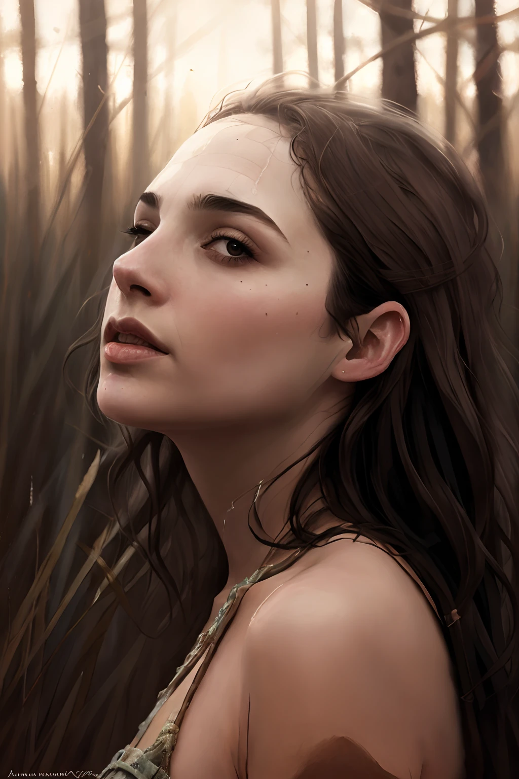 close up portrait of a cute woman (gldot) bathing in a river, reeds, (backlighting), realistic, masterpiece, highest quality, lens flare, shade, bloom, [[chromatic aberration]], by Jeremy Lipking, by Antonio J. Manzanedo, digital painting,