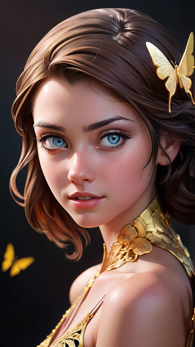 8k portrait of beautiful cyborg with brown hair, intricate, elegant, highly detailed, majestic, digital photography, art by artgerm and ruan jia and greg rutkowski surreal painting gold butterfly filigree, broken glass, (masterpiece, sidelighting, finely detailed beautiful eyes: 1.2), hdr, <lora:botw_style_offset:0.7>