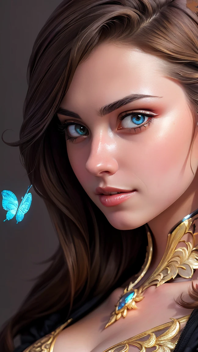8k portrait of beautiful cyborg with brown hair, intricate, elegant, highly detailed, majestic, digital photography, art by artgerm and ruan jia and greg rutkowski surreal painting gold butterfly filigree, broken glass, (masterpiece, sidelighting, finely detailed beautiful eyes: 1.2), hdr,