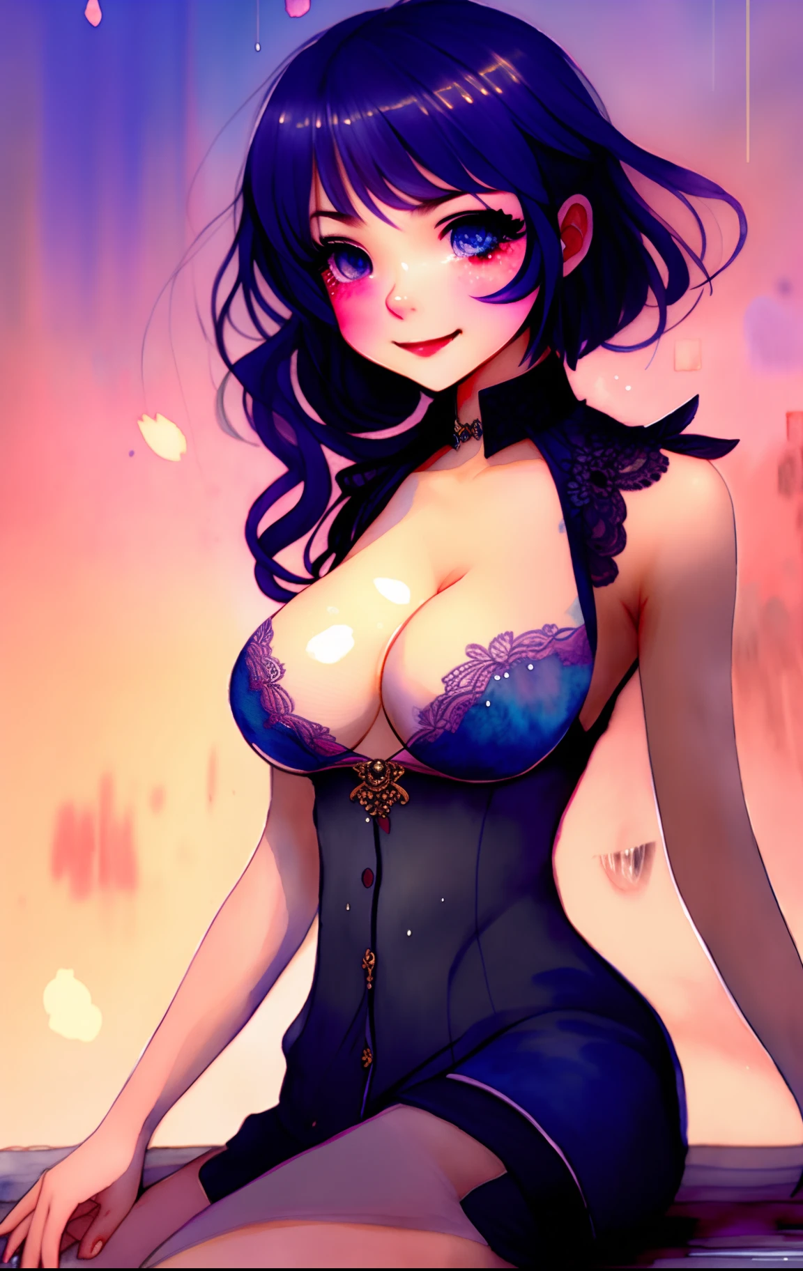 wtrcolor style, (rose) digital art, official art, blown by the wind, masterpiece, beautiful, ((watercolor)), paint splatter, intricate detail. Great detail, [dripping:0.7], Trending on Artstation, Rachel Walker, (8k, best quality, masterpiece:1.2), (realistic, photo-realistic:1.37), ultra-detailed, 1 girl,cute, solo,beautiful detailed sky,detailed cafe,night,sitting,dating,(nose blush),(smile:1.15),(grin) large breasts,(fantasy breasts), cleavage, beautiful detailed eyes,(collared shirt:1.1), night, wet,business attire, rain,black lace, (short hair:1.2),floating hair NovaFrogStyle, cyber, future, tight dress, six-pack abdominal muscle