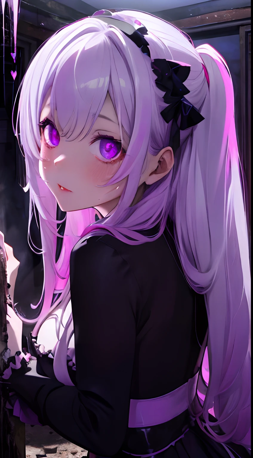 Dark,Inside an abandoned house at night,dilapidated building,haunted house,Multiple torture instruments,Fluffy silvery hairs,Red Eyes,Pink and purple and white and black,Eyes melt,Gorgeous devil cosplay full of frills,Long sleeves with a sense of transparency,Clothes are out of place,Devil's Tail,Corner Hair Band,Multiple men,SEX,AHE Face,Looking back, It has a lustful look,Face waiting for a kiss,Pleasant look,Sleepy face,heart mark,white liquid on face and breasts,Smokexxx,red tide,