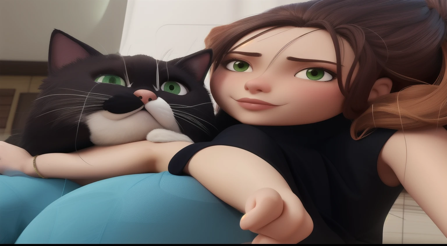 Menina magra de olhos verdes cabelo preso e cacheado,s, bochechas magras e batom vermelho, segurando um gato com bochechas magras preto com cara de deboche, e olhos amarelos claros com bigodes brancos, focinho preto pequena mancha branca no queixo e um lado branco no focinho , foto corpo e roupas estilo Disney pixar |