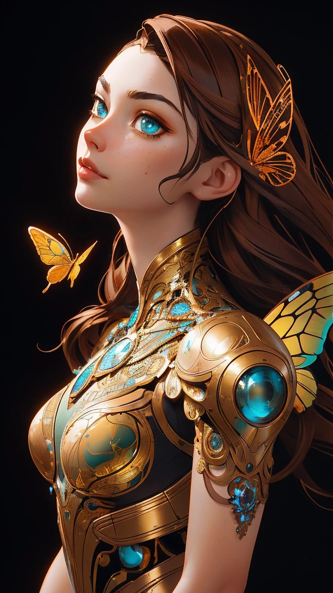 8k portrait of beautiful cyborg with brown hair, intricate, elegant, highly detailed, majestic, digital photography, art by artgerm and ruan jia and greg rutkowski surreal painting gold butterfly filigree, broken glass, (masterpiece, sidelighting, finely detailed beautiful eyes: 1.2), hdr,