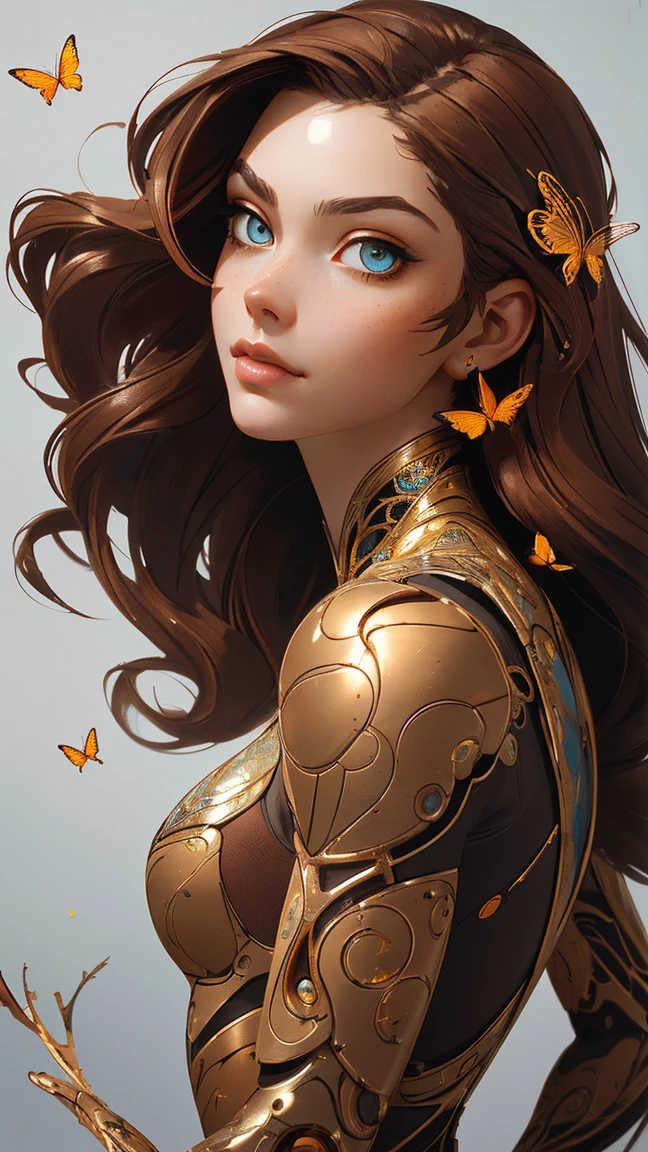 8k portrait of beautiful cyborg with brown hair, intricate, elegant, highly detailed, majestic, digital photography, art by artgerm and ruan jia and greg rutkowski surreal painting gold butterfly filigree, broken glass, (masterpiece, sidelighting, finely detailed beautiful eyes: 1.2), hdr,