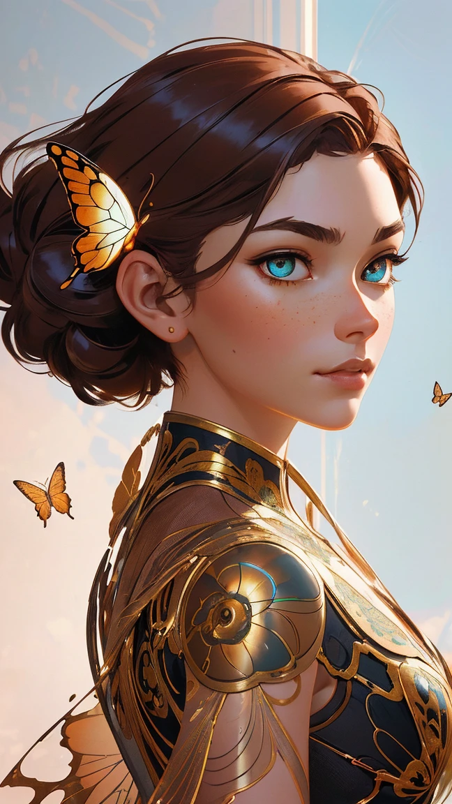 8k portrait of beautiful cyborg with brown hair, intricate, elegant, highly detailed, majestic, digital photography, art by artgerm and ruan jia and greg rutkowski surreal painting gold butterfly filigree, broken glass, (masterpiece, sidelighting, finely detailed beautiful eyes: 1.2), hdr,