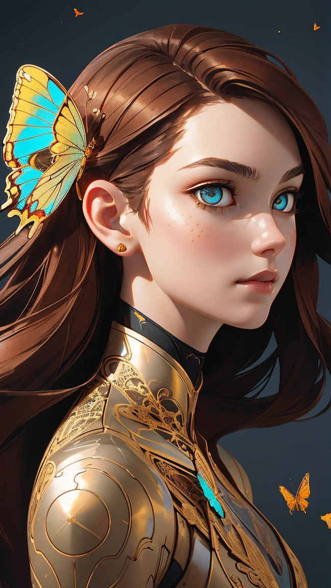 8k portrait of beautiful cyborg with brown hair, intricate, elegant, highly detailed, majestic, digital photography, art by artgerm and ruan jia and greg rutkowski surreal painting gold butterfly filigree, broken glass, (masterpiece, sidelighting, finely detailed beautiful eyes: 1.2), hdr,