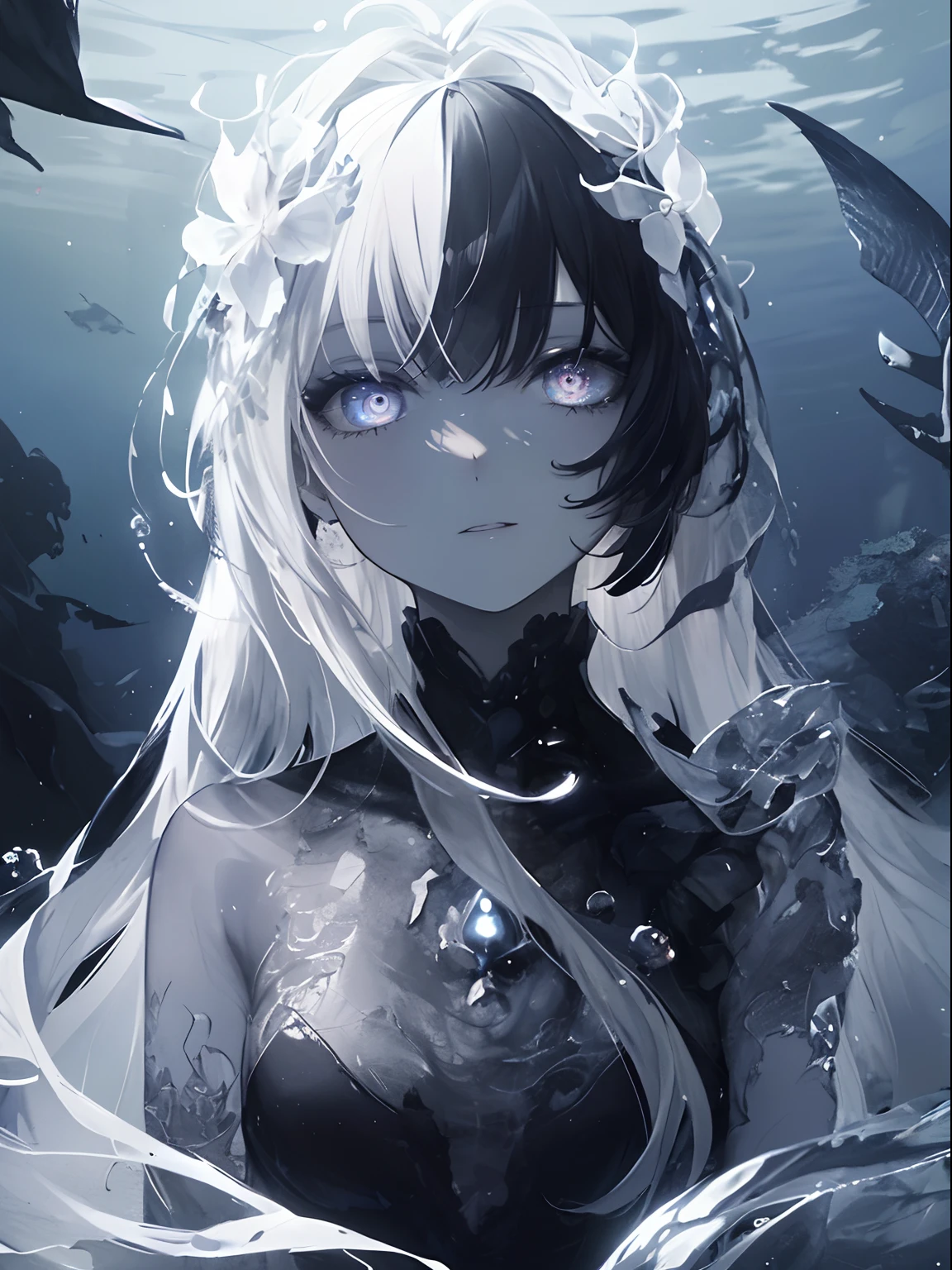 depths-fc,night,dark,bubble,upper body,seahorse girl,nude,tatoo,eyes,long hair,LiquidHair