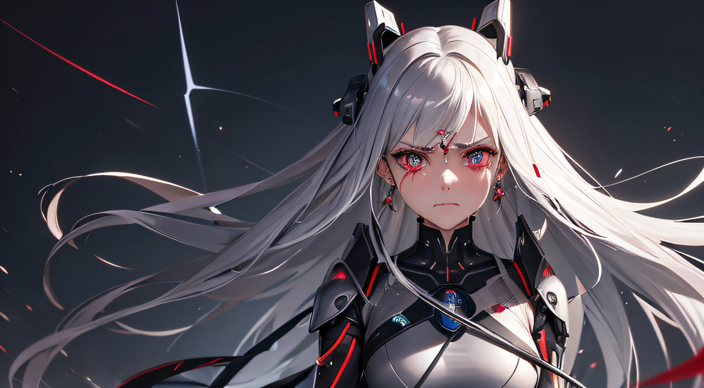 Futuristic Femal with three swords in her brust, with tears in big brown eyes, she is crying, the clothes are silver like a cyborg, the hair is like wires in chaos, backround is futuristic black with thunders and red microchips, angry face.