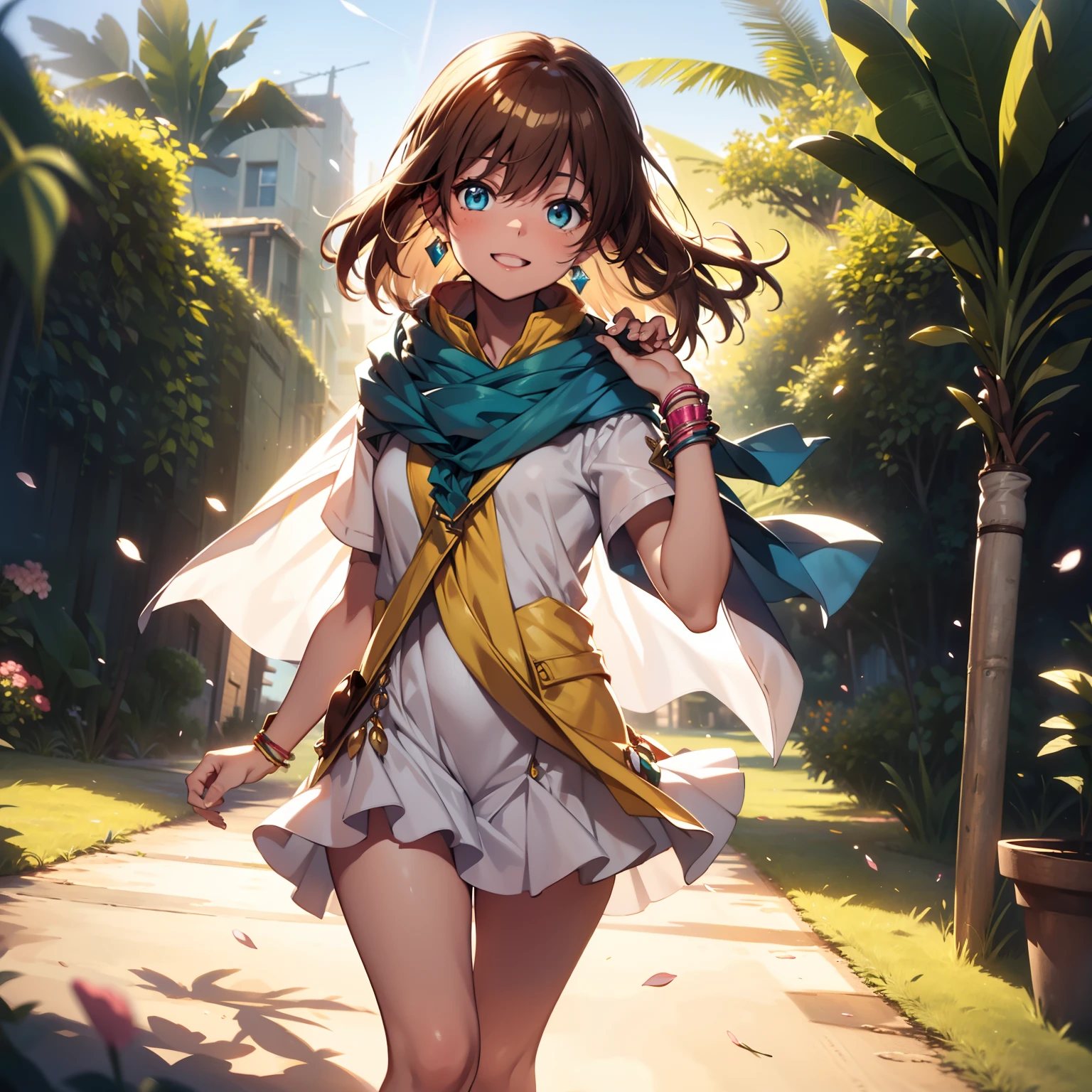 solo, pure happiness, Ultra-detailed, (Realistic, Photorealistic:1.0), vibrant colors, (barren desert background), oasis, sand dunes, falling petals, cute lonely selfish 1girl princess, holding a bouquet of flowers, walking, laughing, XD, flat chest, skinny, very thin legs, thigh gap, ((young)), yellow outfit, silk arm warmers, short skirt, high heeled boots, blue scarf, brown hair, luxurious jewelries, necklaces, pendants, bracelets, earrings, tiara, (glowing shiny magical blue eyes), looking down at viewer, seen from below, hair ribbon, hair flower, depth of field, cinematic lighting, bokeh, masterpiece, anatomically correct