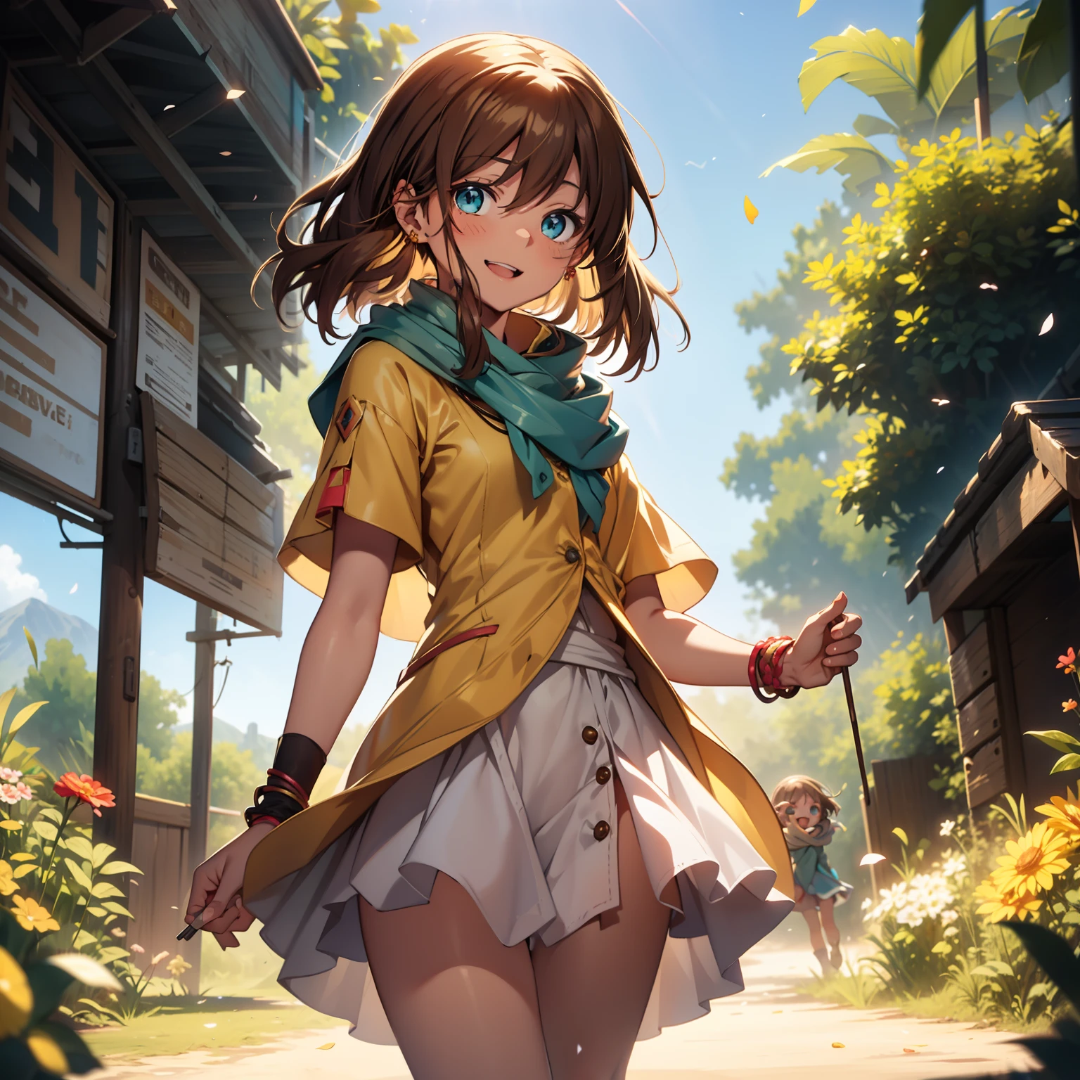 solo, pure happiness, Ultra-detailed, (Realistic, Photorealistic:1.0), vibrant colors, (barren desert background), oasis, sand dunes, falling petals, cute lonely selfish 1girl princess, holding a bouquet of flowers, walking, laughing, XD, flat chest, skinny, very thin legs, thigh gap, ((young)), yellow outfit, silk arm warmers, short skirt, high heeled boots, blue scarf, brown hair, luxurious jewelries, necklaces, pendants, bracelets, earrings, tiara, (glowing shiny magical blue eyes), looking down at viewer, seen from below, hair ribbon, hair flower, depth of field, cinematic lighting, bokeh, masterpiece, anatomically correct