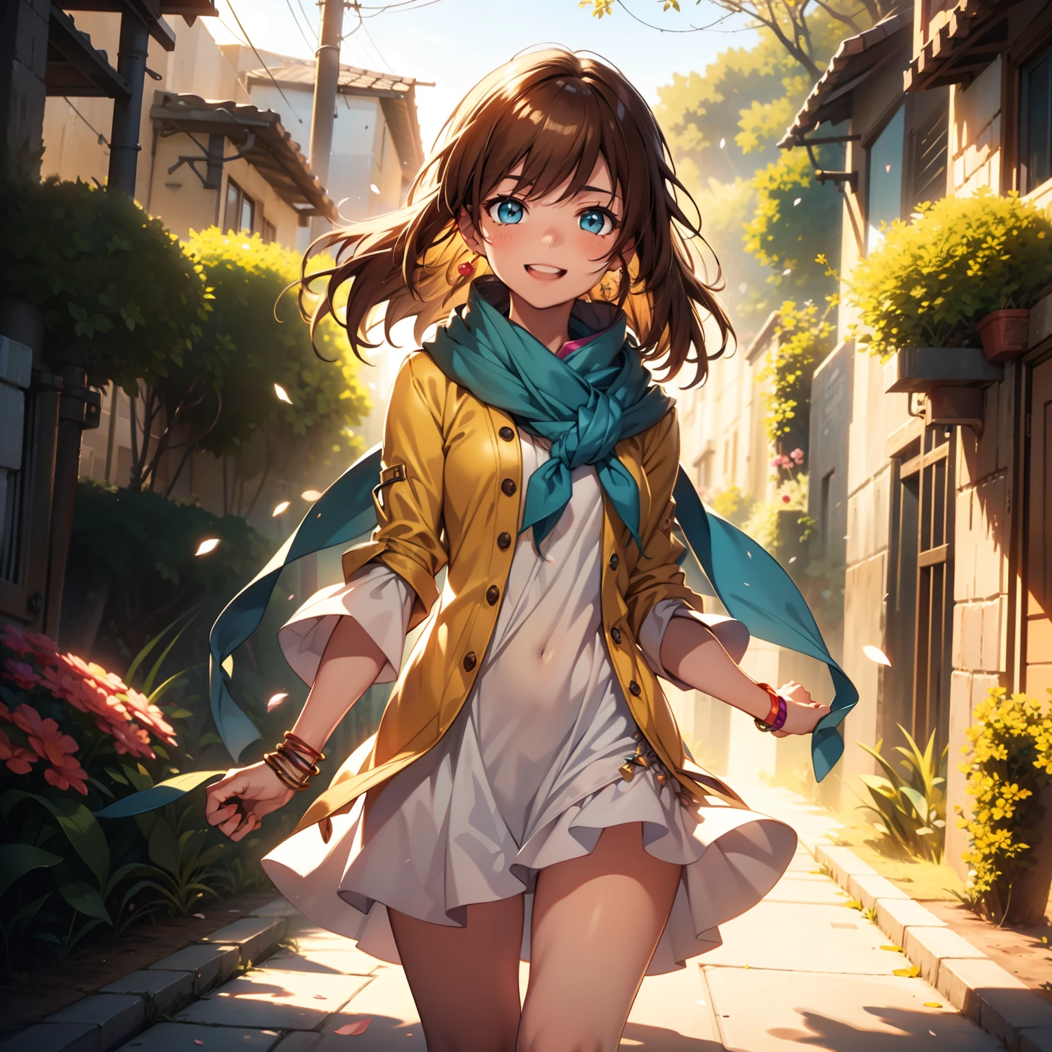 solo, pure happiness, Ultra-detailed, (Realistic, Photorealistic:1.0), vibrant colors, (barren desert background), oasis, sand dunes, falling petals, cute lonely selfish 1girl princess, holding a bouquet of flowers, walking, laughing, XD, flat chest, skinny, very thin legs, thigh gap, ((young)), yellow outfit, silk arm warmers, short skirt, high heeled boots, blue scarf, brown hair, luxurious jewelries, necklaces, pendants, bracelets, earrings, tiara, (glowing shiny magical blue eyes), looking down at viewer, seen from below, hair ribbon, hair flower, depth of field, cinematic lighting, bokeh, masterpiece, anatomically correct