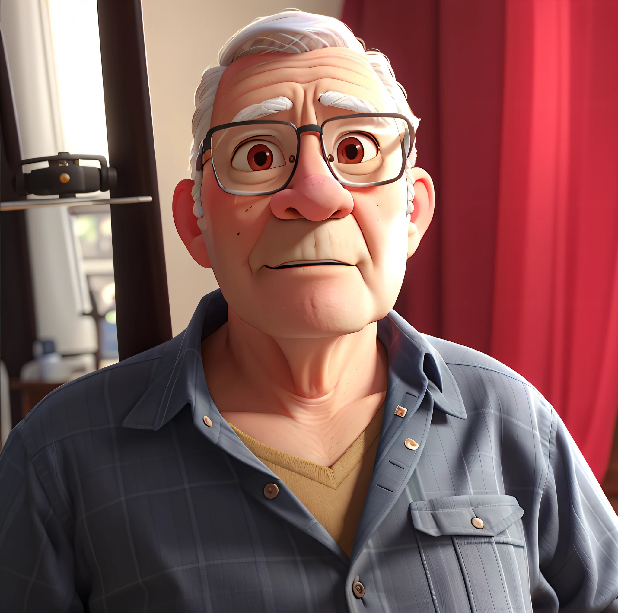 Pixar style image, an 80 year old man with white hair wearing glasses and wearing a dress shirt with the collar rolled up, high quality, best quality