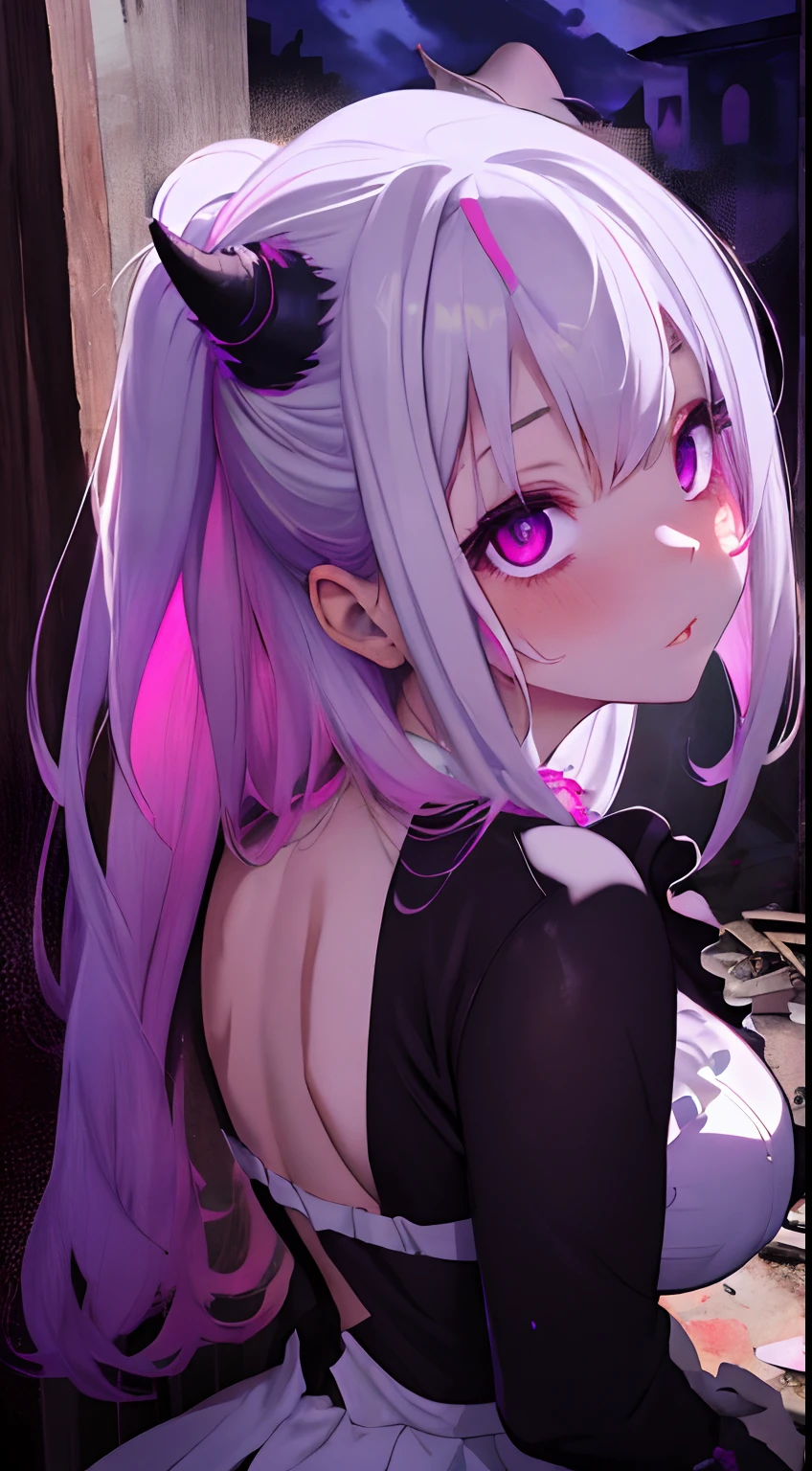 Dark,Inside an abandoned house at night,dilapidated building,haunted house,Multiple torture instruments,Fluffy silvery hairs,Red Eyes,Pink and purple and white and black,Eyes melt,Gorgeous devil cosplay full of frills,Long sleeves with a sense of transparency,Clothes are out of place,Devil's Tail,Corner Hair Band,Multiple men,SEX,AHE Face,The back is visible,Pulling up your hair,Looking back, It has a lustful look,Face waiting for a kiss,Pleasant look,Sleepy face,heart mark,white liquid on face and breasts,Smokexxx,red tide,