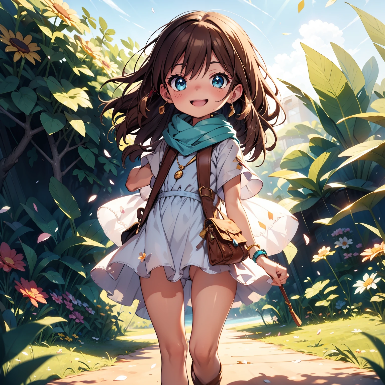solo, pure happiness, Ultra-detailed, (Realistic, Photorealistic:1.0), vibrant colors, (barren desert background), oasis, sand dunes, falling petals, cute lonely selfish 1girl princess, holding a bouquet of flowers, walking, laughing, XD, flat chest, skinny, very thin legs, thigh gap, ((young)), yellow outfit, silk arm warmers, short skirt, high heeled boots, blue scarf, brown hair, luxurious jewelries, necklaces, pendants, bracelets, earrings, tiara, (glowing shiny magical blue eyes), looking down at viewer, seen from below, hair ribbon, hair flower, depth of field, cinematic lighting, bokeh, masterpiece, anatomically correct