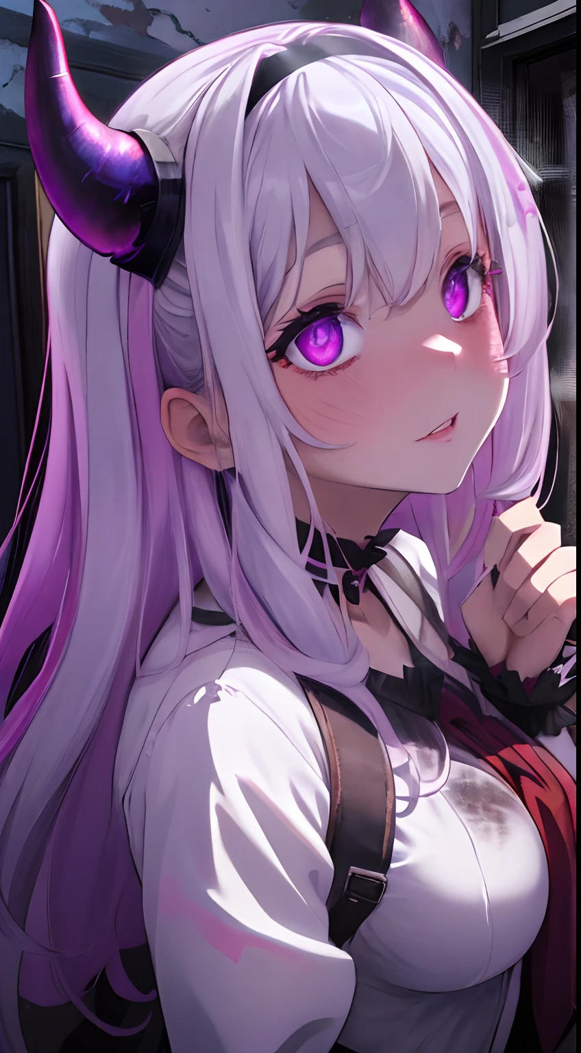 Dark,Inside an abandoned house at night,dilapidated building,haunted house,Multiple torture instruments,Fluffy silvery hairs,Red Eyes,Pink and purple and white and black,Eyes melt,Gorgeous devil cosplay full of frills,Long sleeves with a sense of transparency,Clothes are out of place,Devil's Tail,Corner Hair Band,Multiple men,SEX,AHE Face,The back is visible,Pulling up your hair,Looking back, It has a lustful look,Face waiting for a kiss,Pleasant look,Sleepy face,heart mark,white liquid on face and breasts,Smokexxx,red tide,