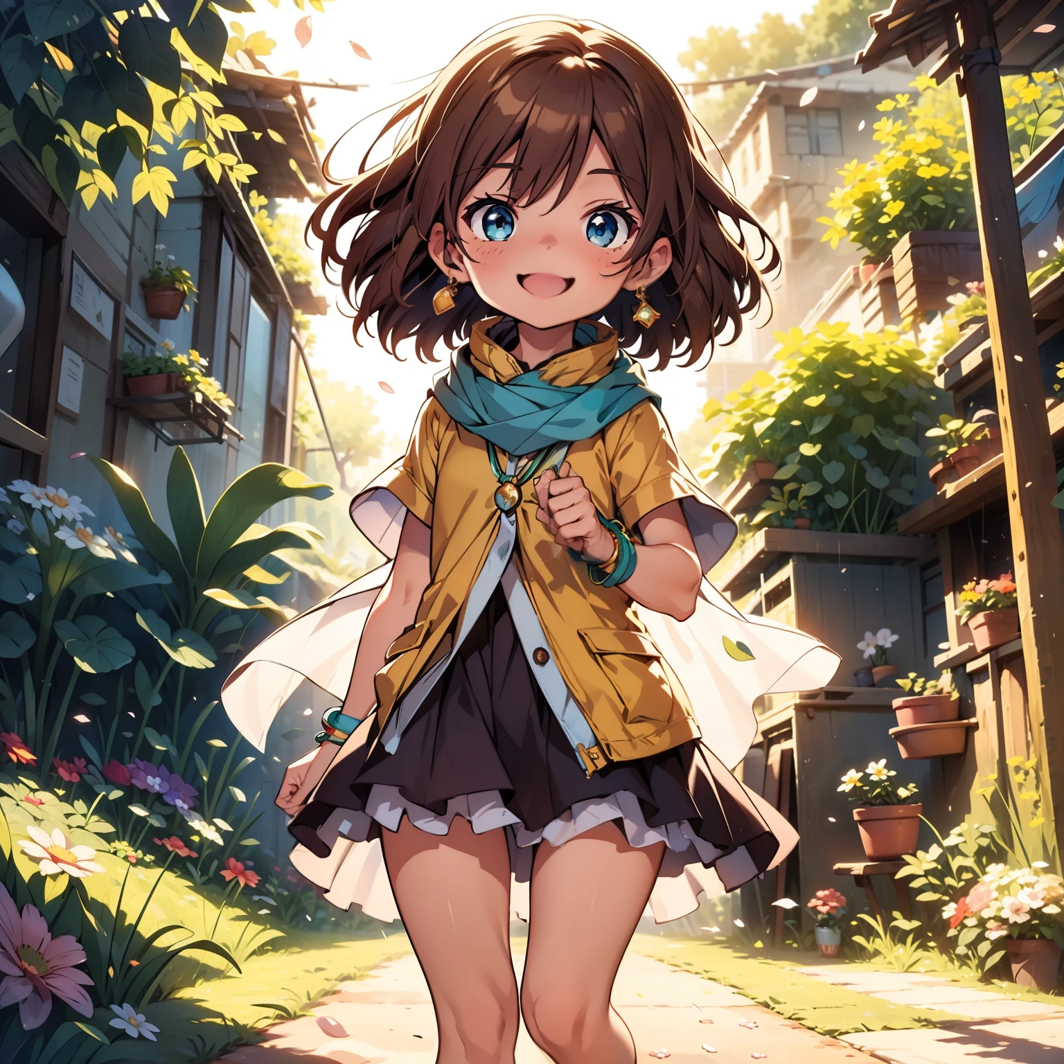 solo, pure happiness, Ultra-detailed, (Realistic, Photorealistic:1.0), vibrant colors, (barren desert background), oasis, sand dunes, falling petals, cute lonely selfish 1girl princess, holding a bouquet of flowers, walking, laughing, XD, flat chest, skinny, very thin legs, thigh gap, ((young)), yellow outfit, silk arm warmers, short skirt, high heeled boots, blue scarf, brown hair, luxurious jewelries, necklaces, pendants, bracelets, earrings, tiara, (glowing shiny magical blue eyes), looking down at viewer, seen from below, hair ribbon, hair flower, depth of field, cinematic lighting, bokeh, masterpiece, anatomically correct