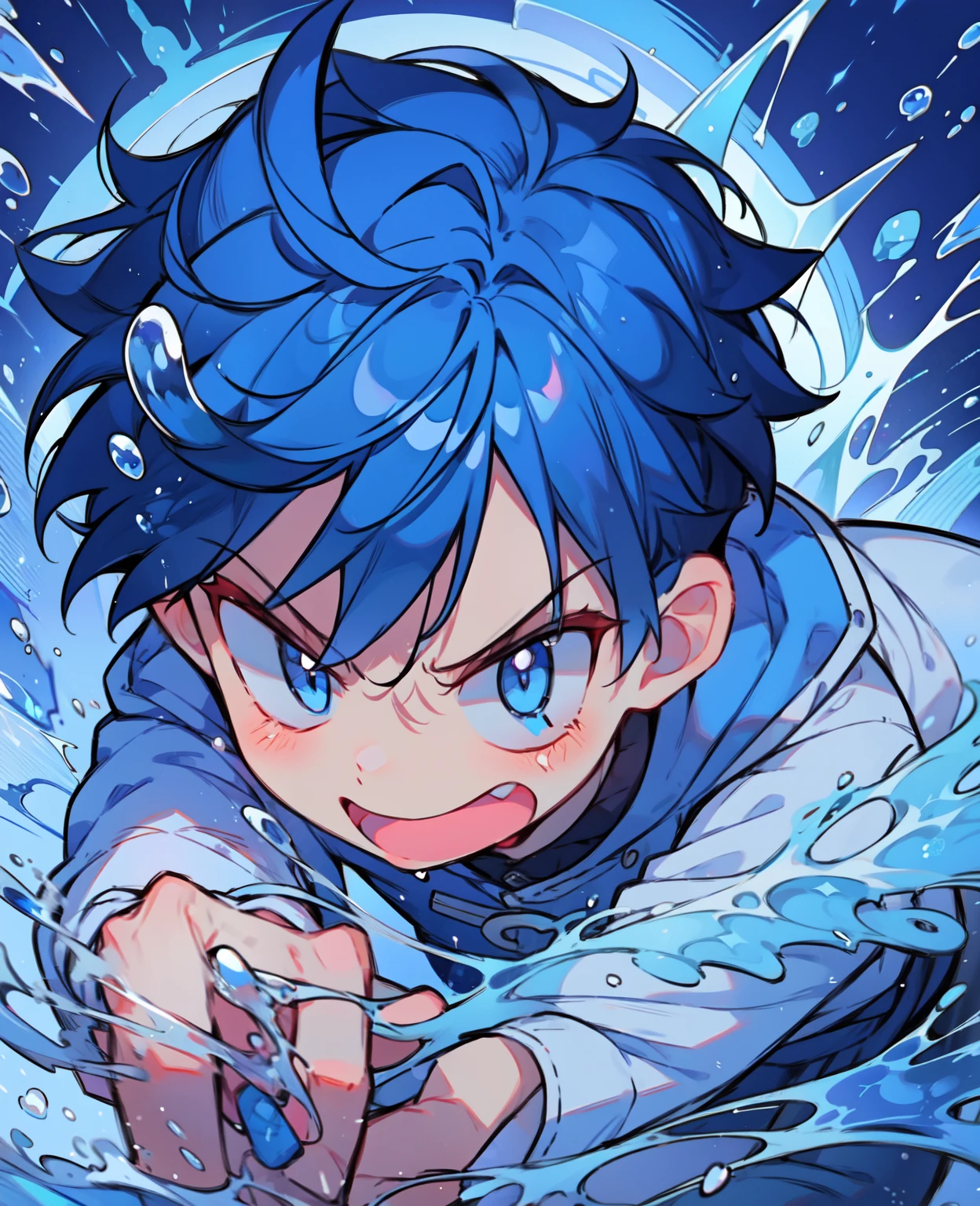 1boy, blue hair, blue eyes , angry, , splash background , big smile , ice power