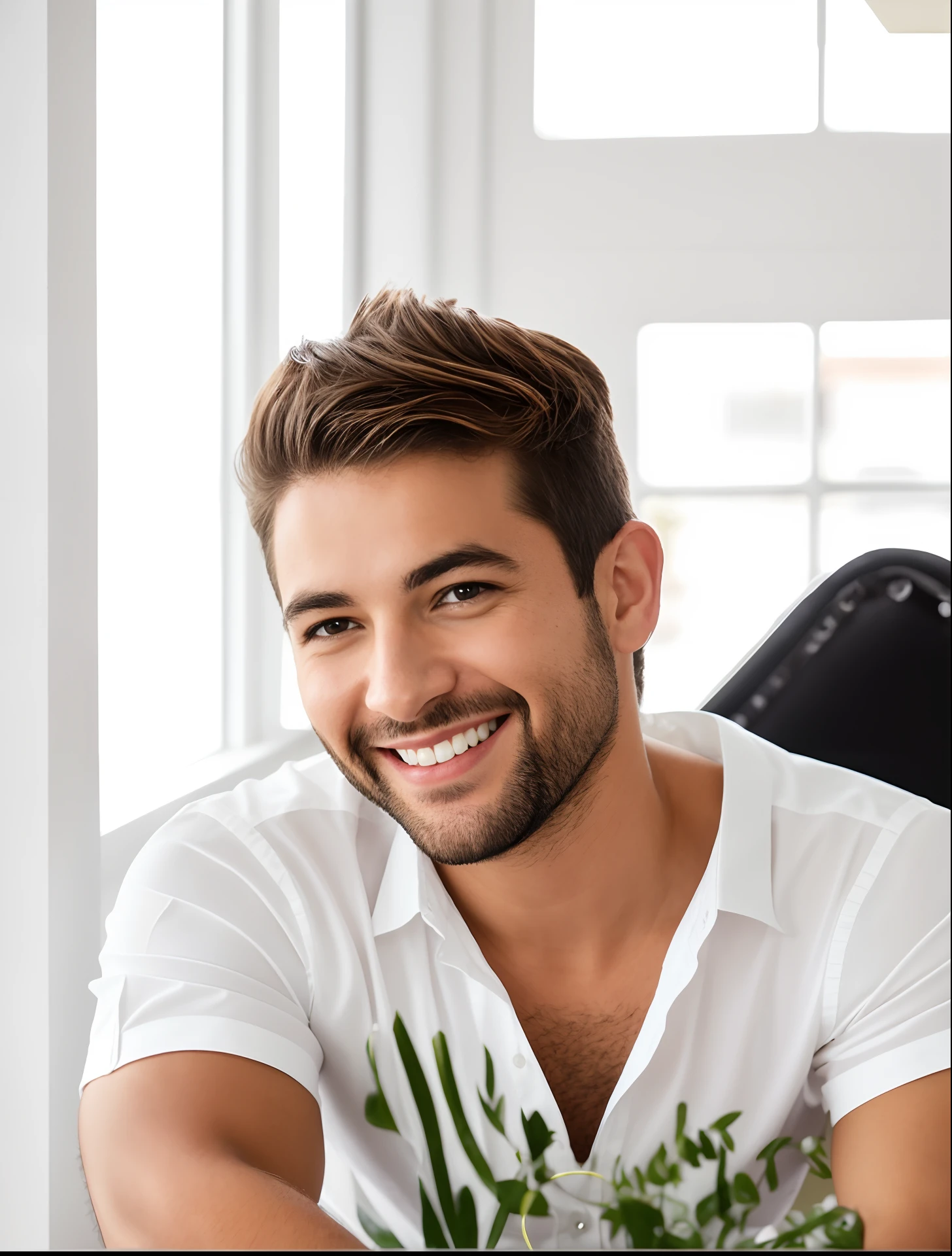 There's a man sitting at a table with a white blouse and smile on his face, cabelo moderno