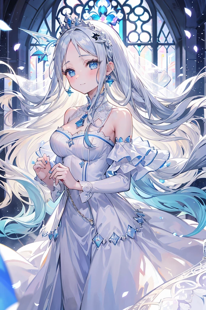 ((8k, best quality, master piece: 1.3)),super high resolution,(1 girl, solo), (colorshift eyes, hyperdetailed, expressive sparkling, glitter, glowing eyes), ultra detailed eyes, ultra-detailed face, random hair, ((silver gray color)),A silver-haired ice wizard girl is standing at the entrance to an ice castle wearing an ice dress embroidered with white and blue, with beautiful ice sculptures and sparkling ice walls in the background. The dress sparkles like ice crystals and emits a cold light. She waves her hands and holds back tears, her silver bracelets reflecting the ice light and sparkling. Magical light surrounds her, softly illuminating the ice sculptures. Her braided silver hair is illuminated by the ice light, and her translucent skin shines in the cold light. Her eyes are icy blue, and tears are rolling down her cheeks. Her sad gaze as she says goodbye to her friend is heartbreaking, and she is depicted as if she is one with the ice castle in the background.A magical winter scene with glittering snowflakes falling gently. Each snowflake catches the light, sparkling as it drifts down. The ground is covered in a pristine layer of snow that glistens under the soft illumination. The entire image feels like a winter wonderland, filled with shimmering beauty.